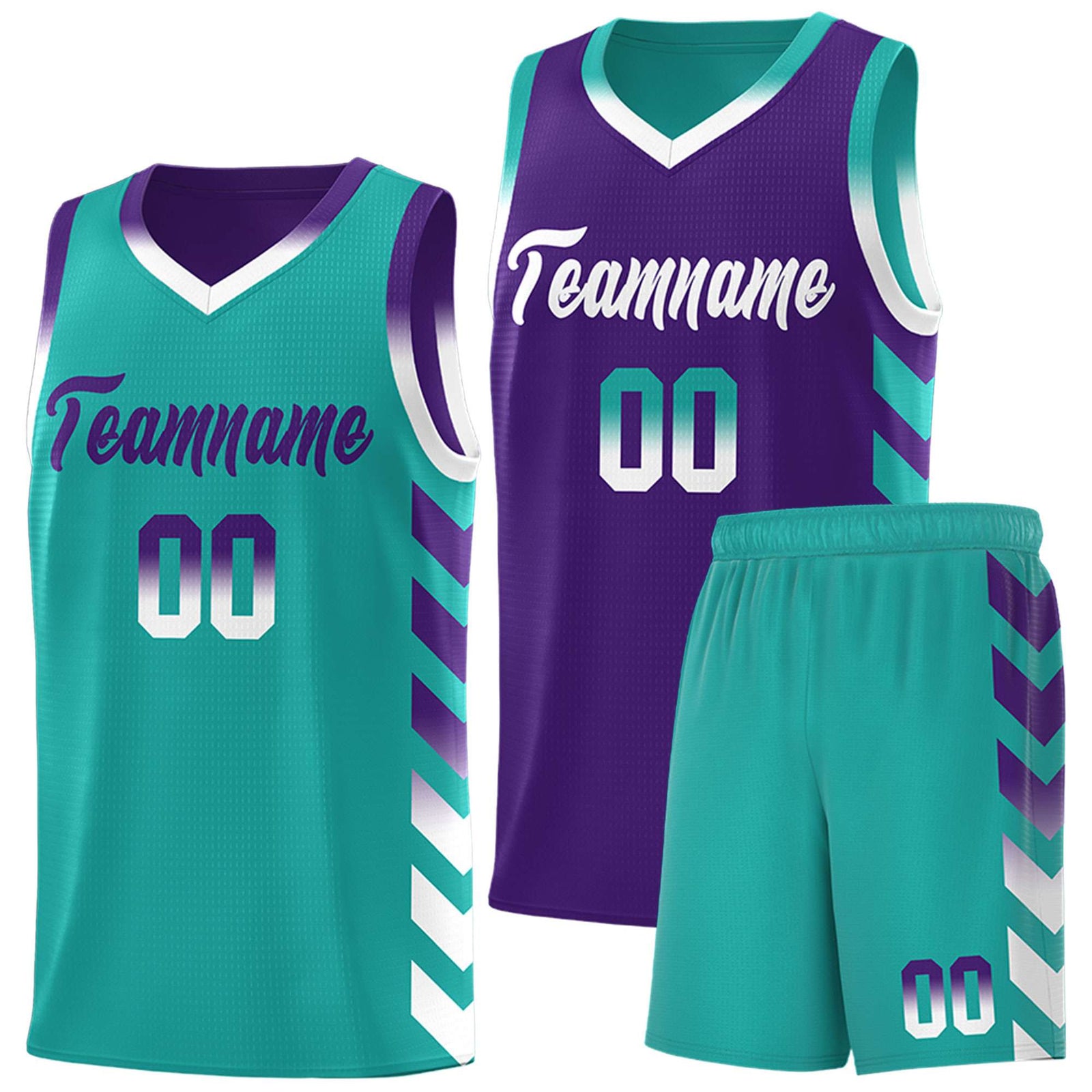 Custom Aqua Purple Reversible Basketball Jersey Kits - Side Arrow Purple White Gradient