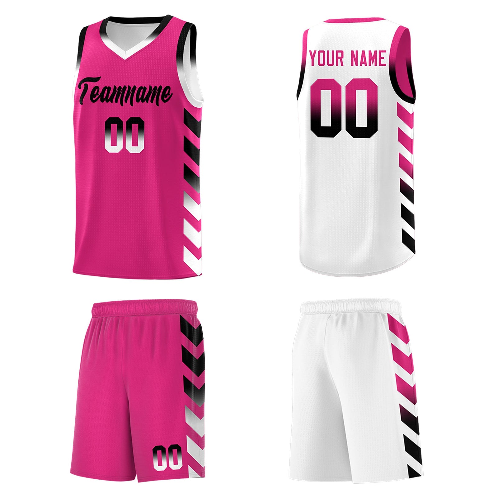 Custom White Pink Reversible Basketball Jersey Kits - Side Arrow Pink Black Gradient