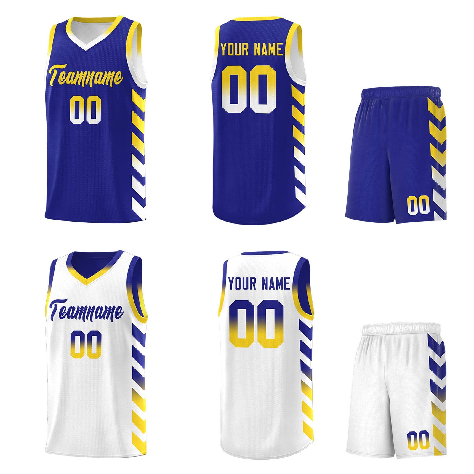 Custom White Royal Reversible Basketball Jersey Kits - Side Arrow Royal Gold Gradient