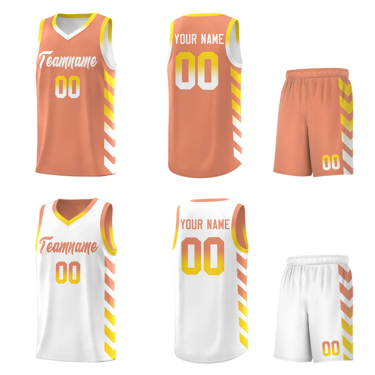 Custom White Light Orange Reversible Basketball Jersey Kits - Side Arrow Light Orange Gold Gradient