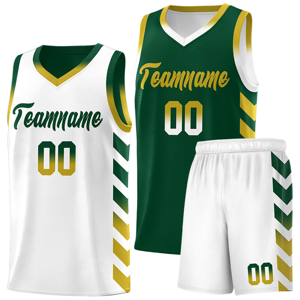 Custom White Green Reversible Basketball Jersey Kits - Side Arrow Green Old Gold Gradient