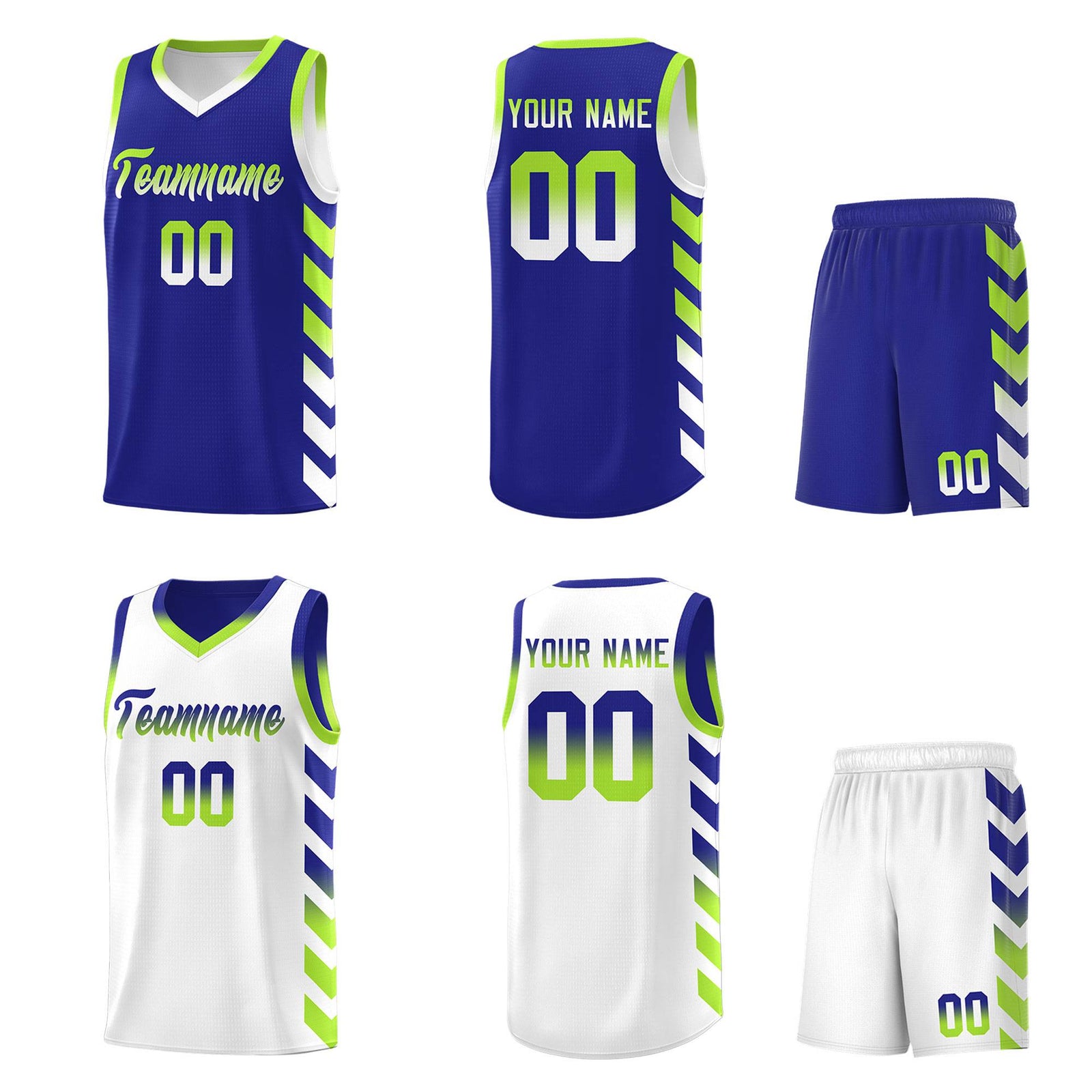 Custom White Royal Reversible Basketball Jersey Kits - Side Arrow Royal Neon Green Gradient