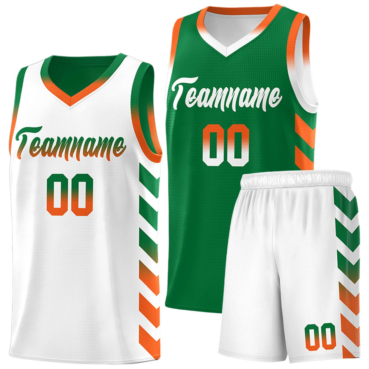 Custom White Kelly Green Reversible Basketball Jersey Kits - Side Arrow Kelly Green Orange Gradient