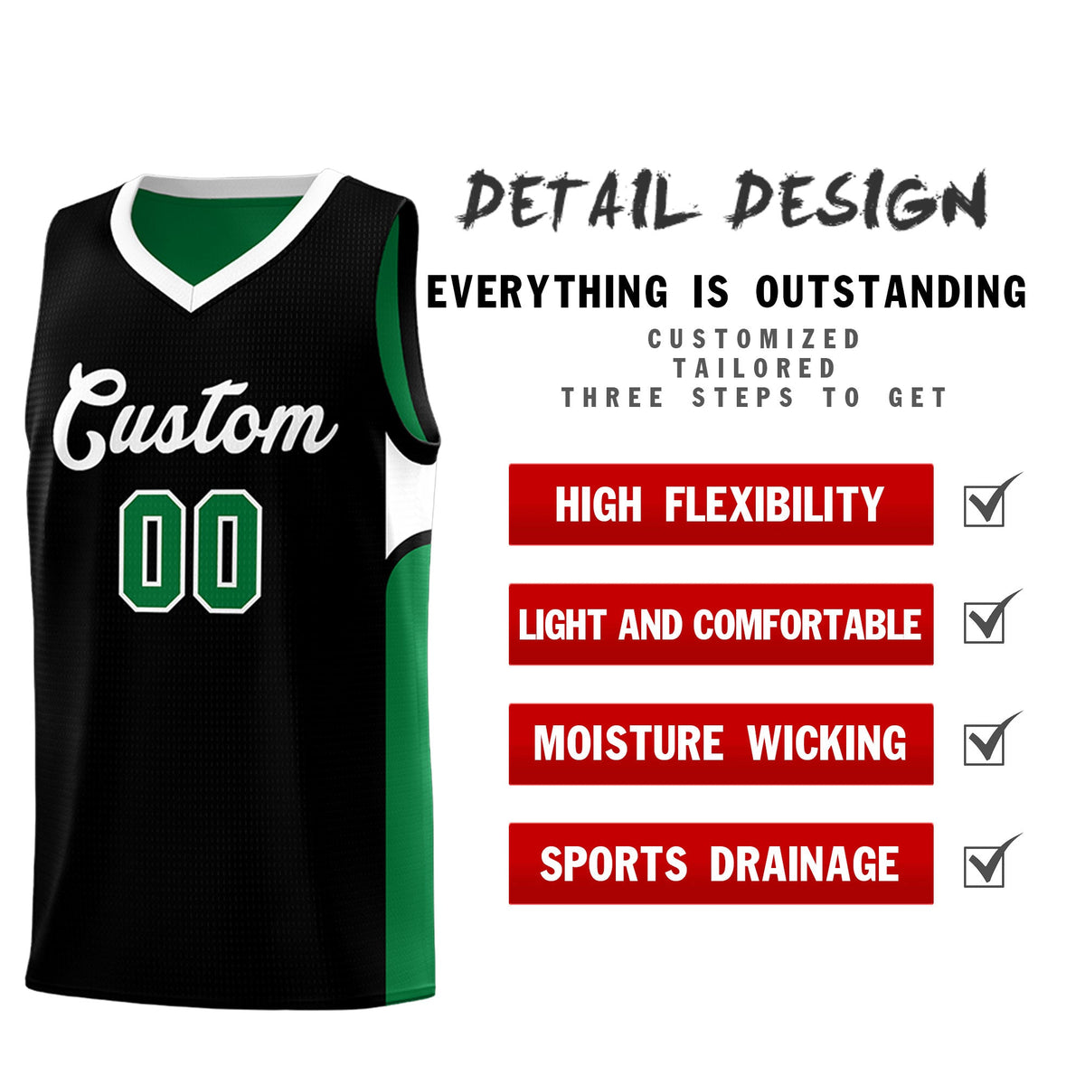 Custom Black Kelly Green Side U-shaped Patttern Double Side Sports Uniform Basketball Jersey
