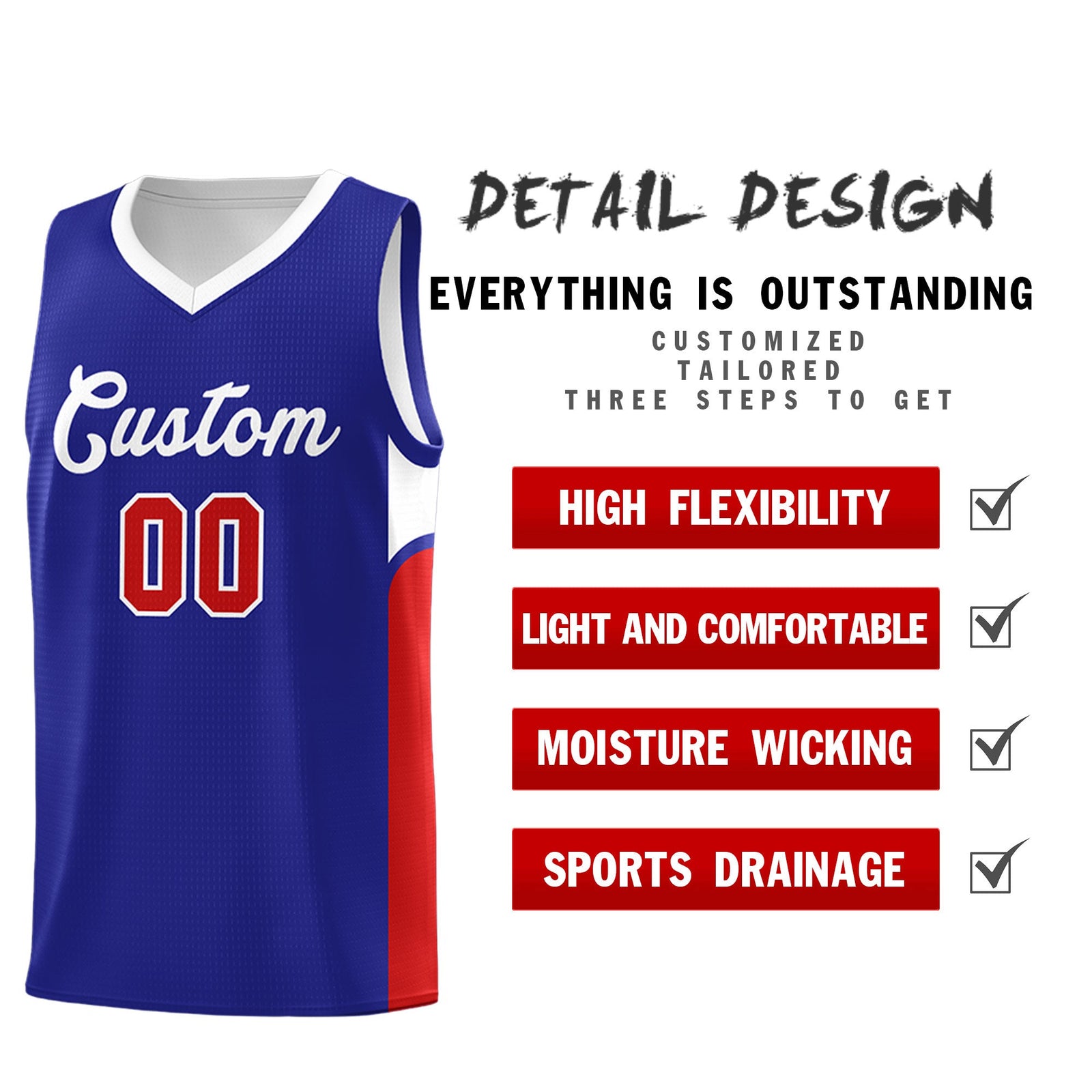 Custom Royal White Side U-shaped Patttern Double Side Sports Uniform Basketball Jersey