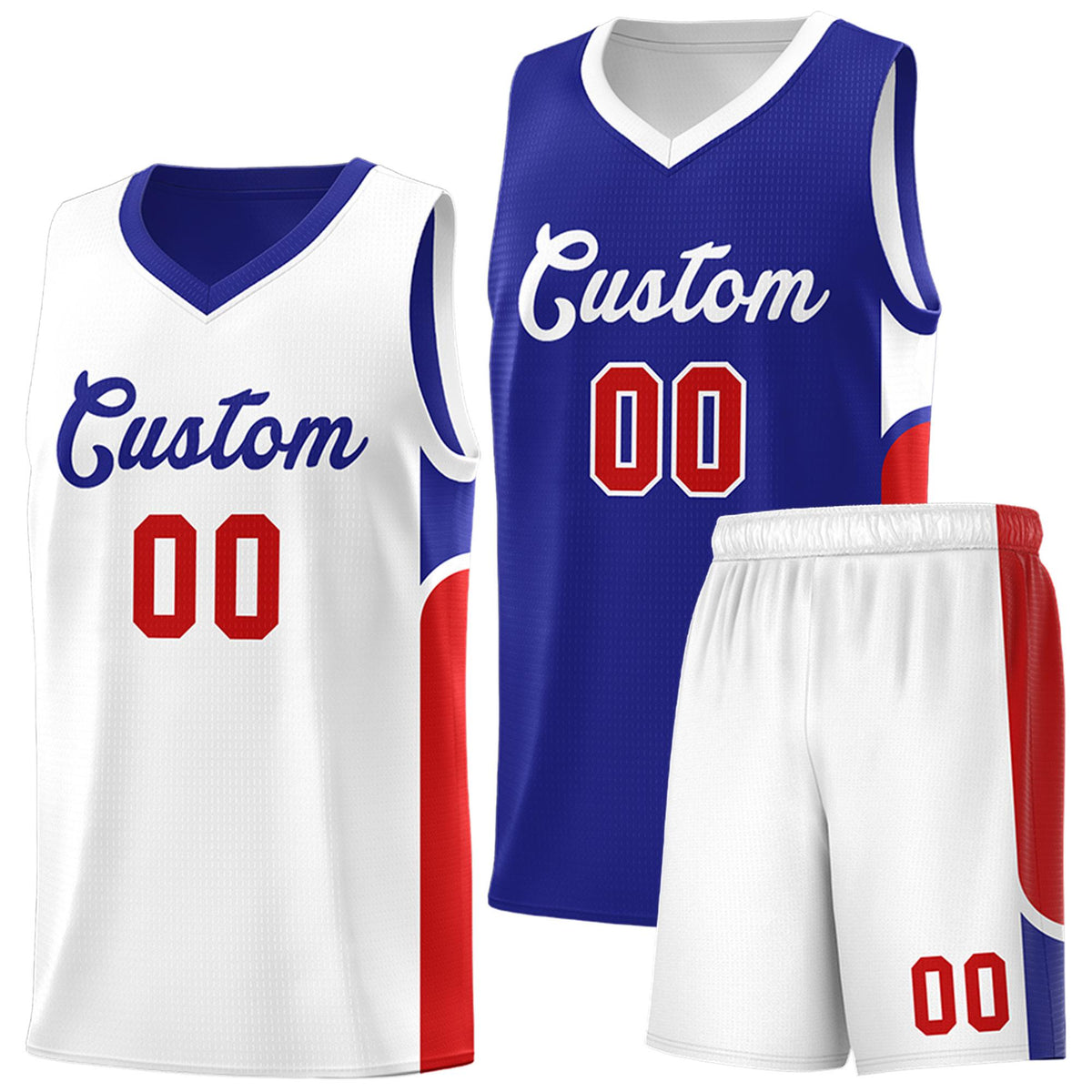Custom Royal White Side U-shaped Patttern Double Side Sports Uniform Basketball Jersey