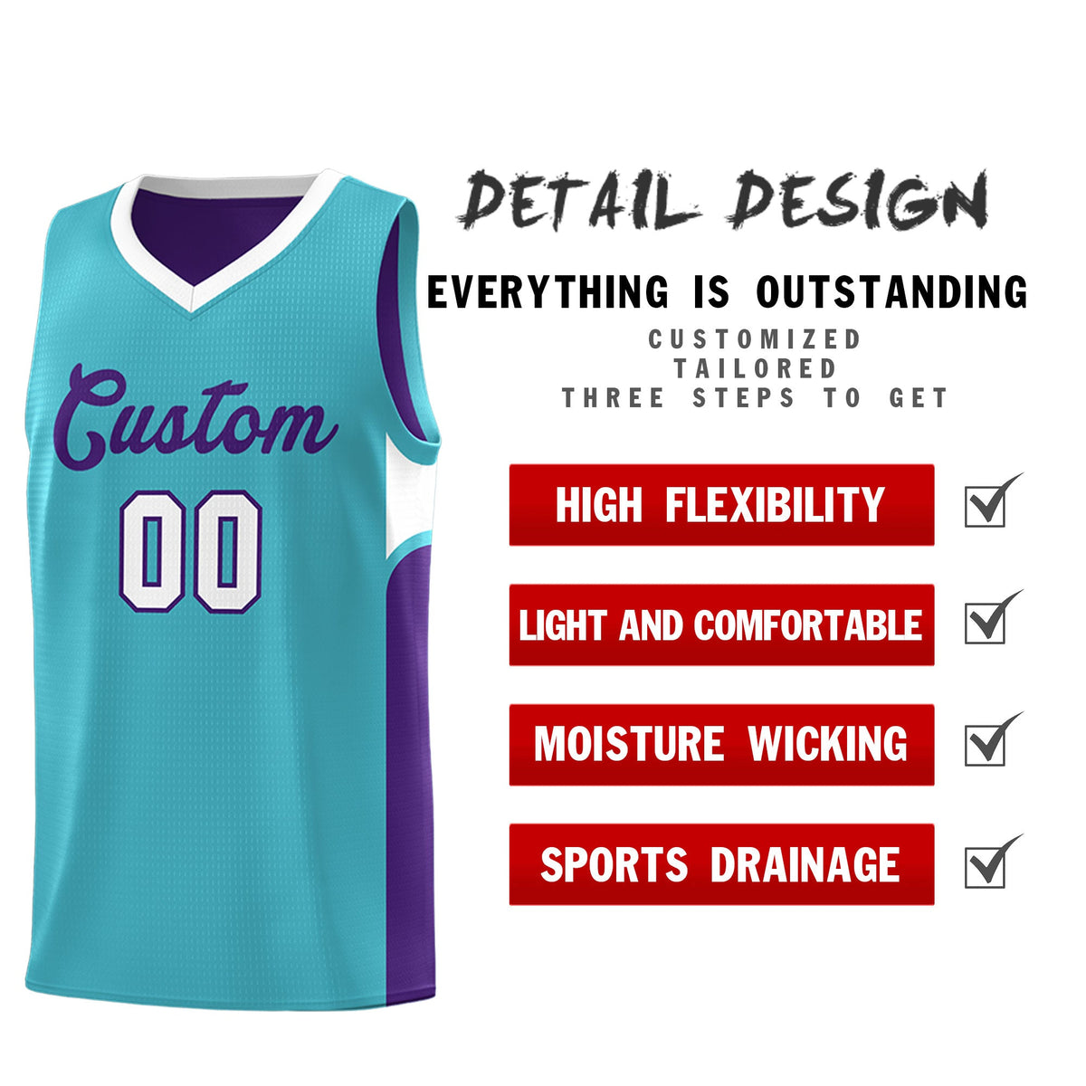 Custom Sky Blue Purple Side U-shaped Patttern Double Side Sports Uniform Basketball Jersey