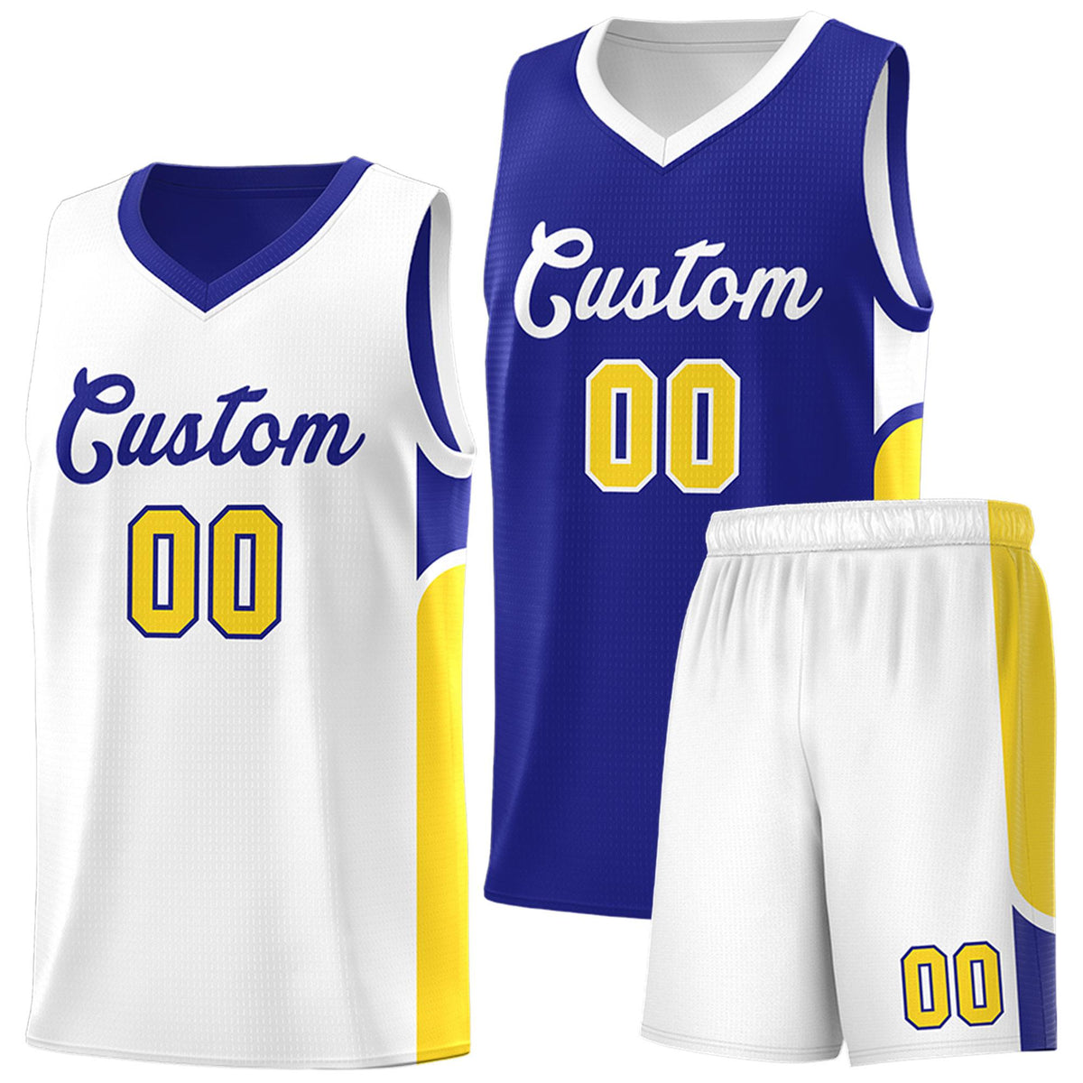 Custom Royal White Side U-shaped Patttern Double Side Sports Uniform Basketball Jersey