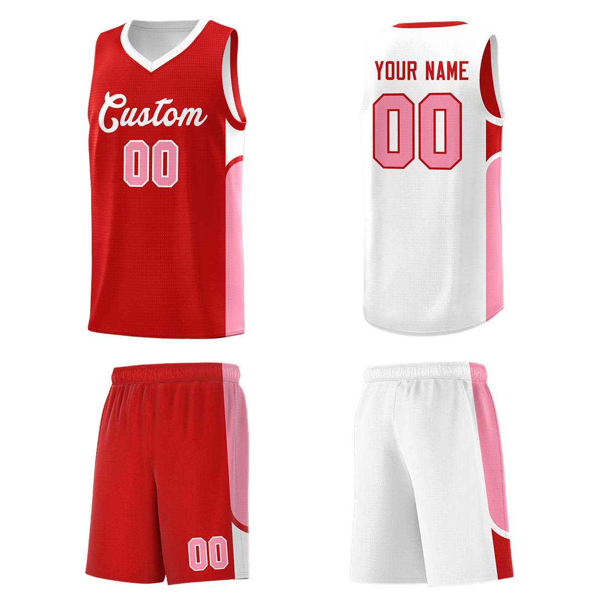 Custom Red White Side U-shaped Patttern Double Side Sports Uniform Basketball Jersey