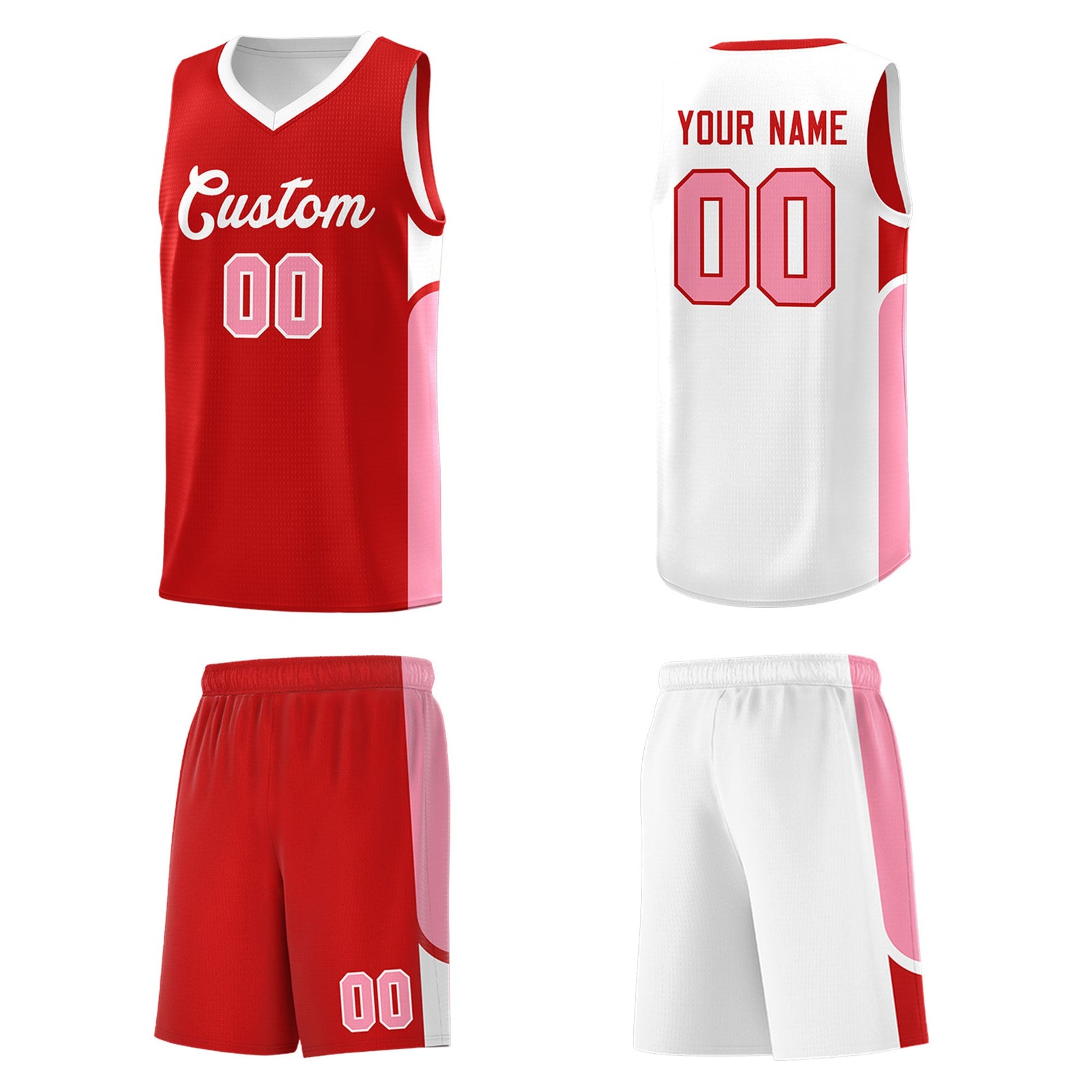 Custom Red White Side U-shaped Patttern Double Side Sports Uniform Basketball Jersey
