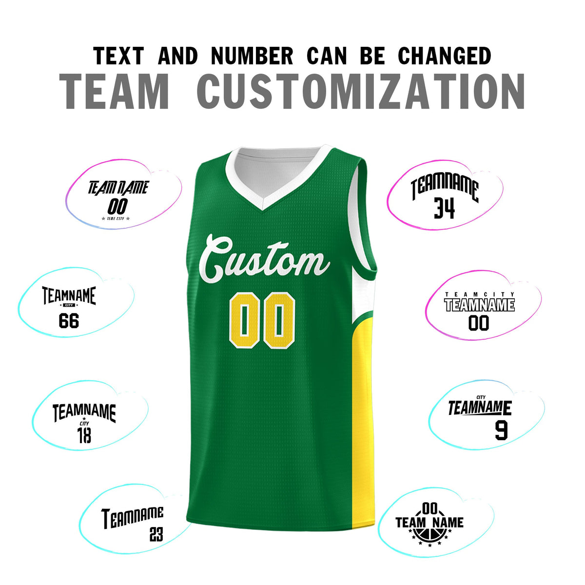 Custom Kelly Green White Side U-shaped Patttern Double Side Sports Uniform Basketball Jersey