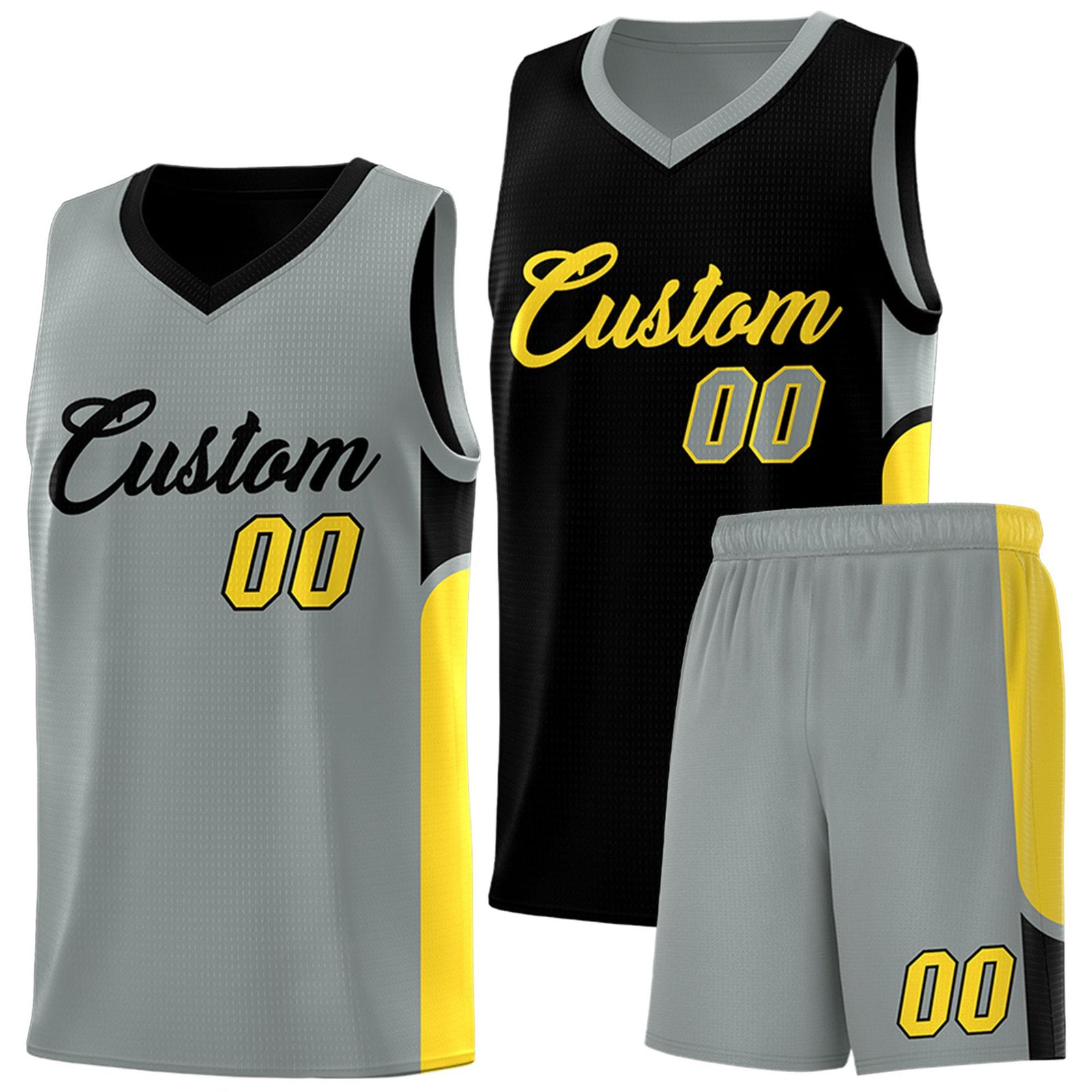 Custom Black Gray Side U-shaped Patttern Double Side Sports Uniform Basketball Jersey
