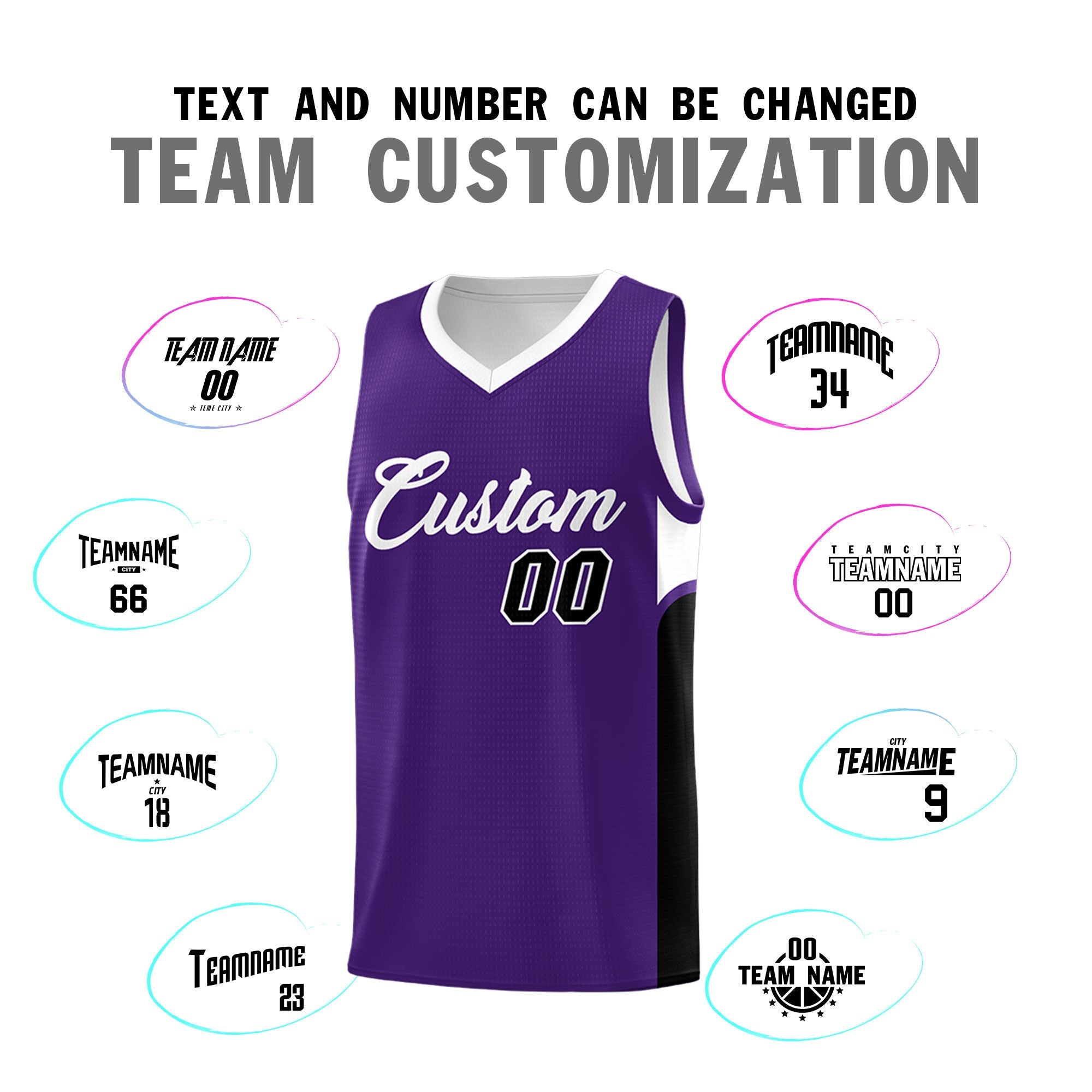 Custom Purple White Side U-shaped Patttern Double Side Sports Uniform Basketball Jersey