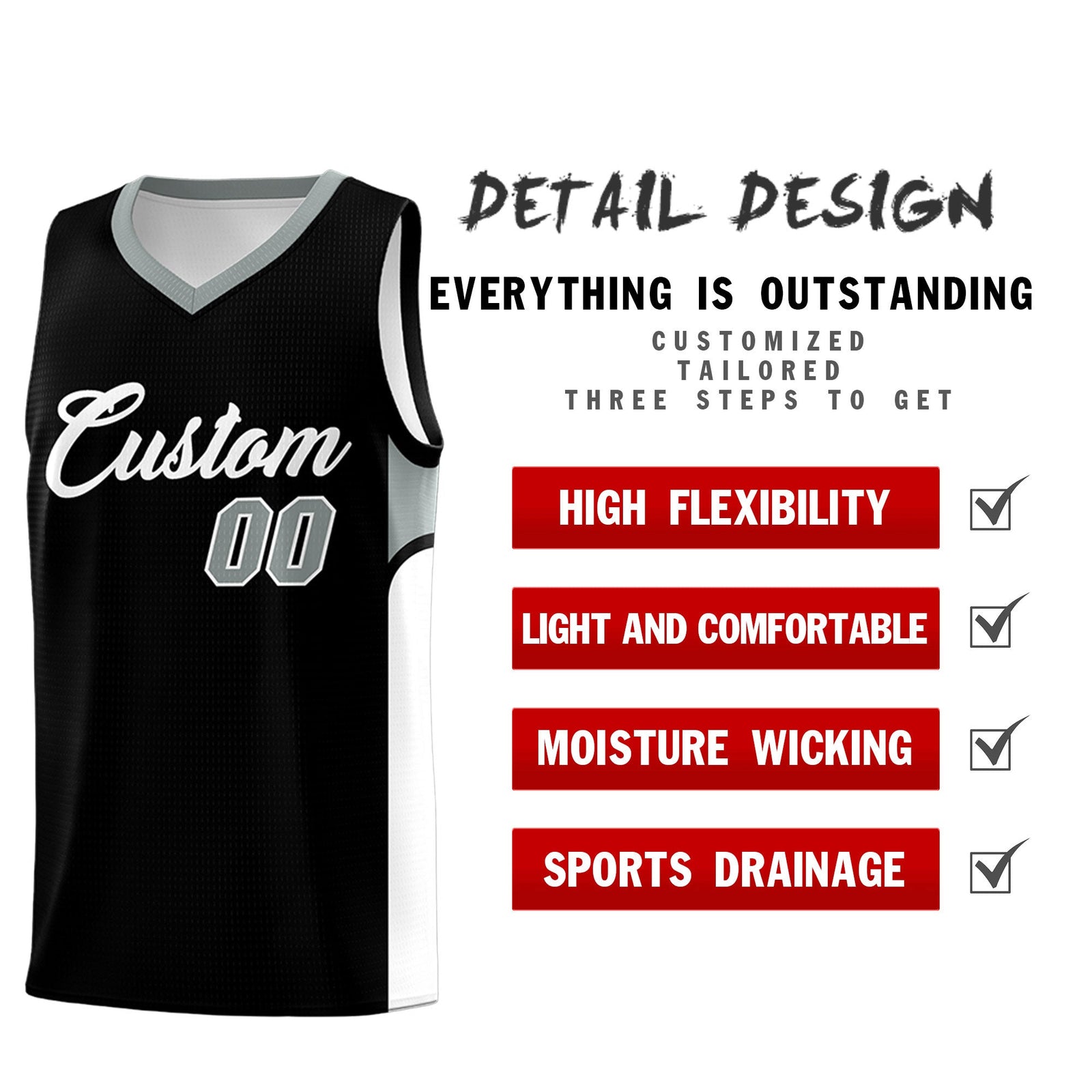 Custom Black White Side U-shaped Patttern Double Side Sports Uniform Basketball Jersey