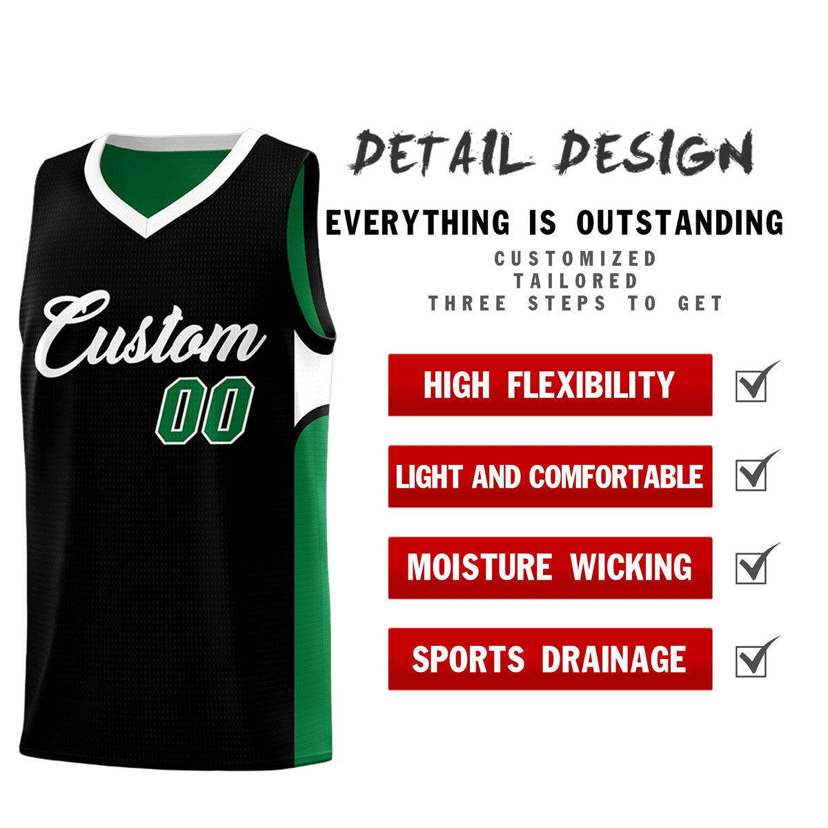 Custom Black Kelly Green Side U-shaped Patttern Double Side Sports Uniform Basketball Jersey