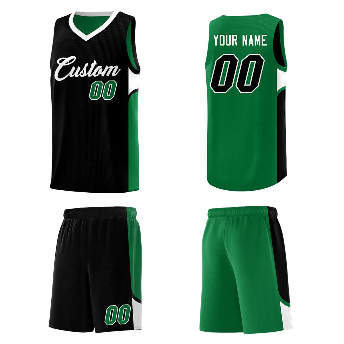 Custom Black Kelly Green Side U-shaped Patttern Double Side Sports Uniform Basketball Jersey