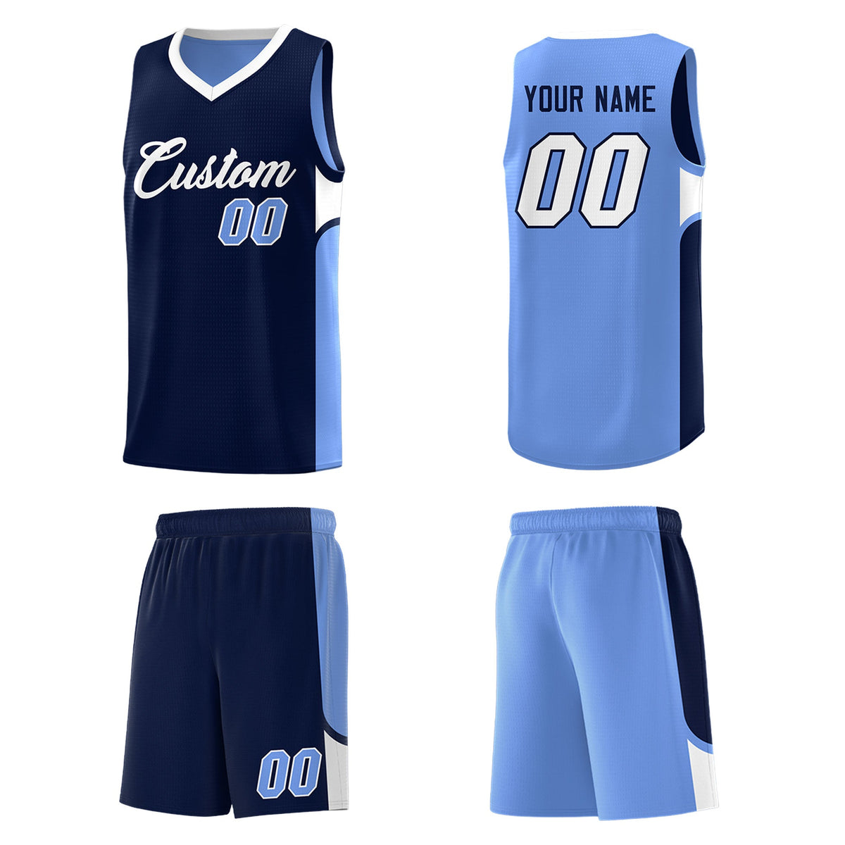 Custom Navy Light Blue Side U-shaped Patttern Double Side Sports Uniform Basketball Jersey