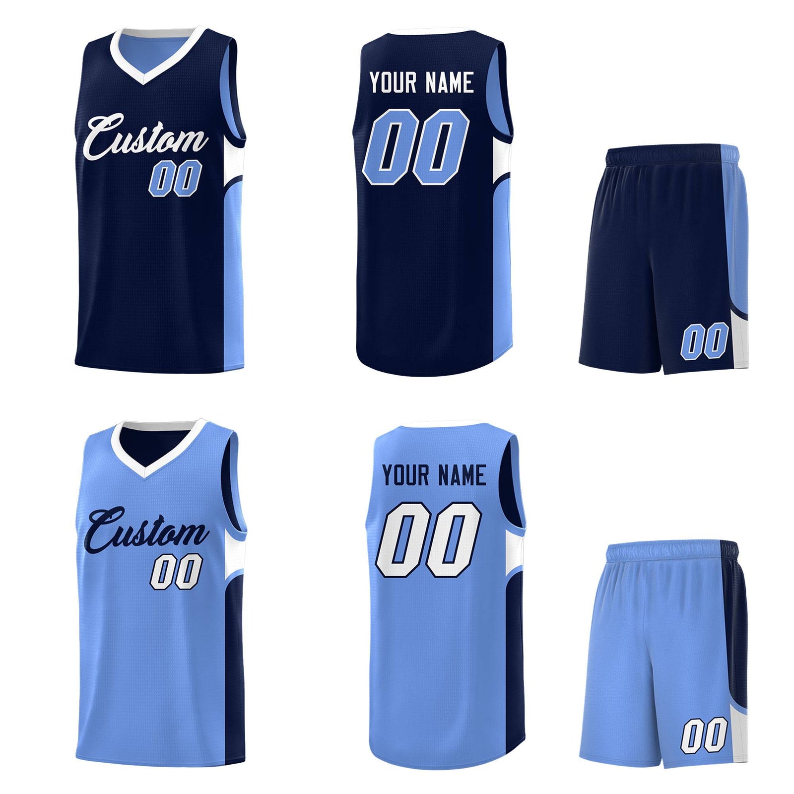 Custom Navy Light Blue Side U-shaped Patttern Double Side Sports Uniform Basketball Jersey