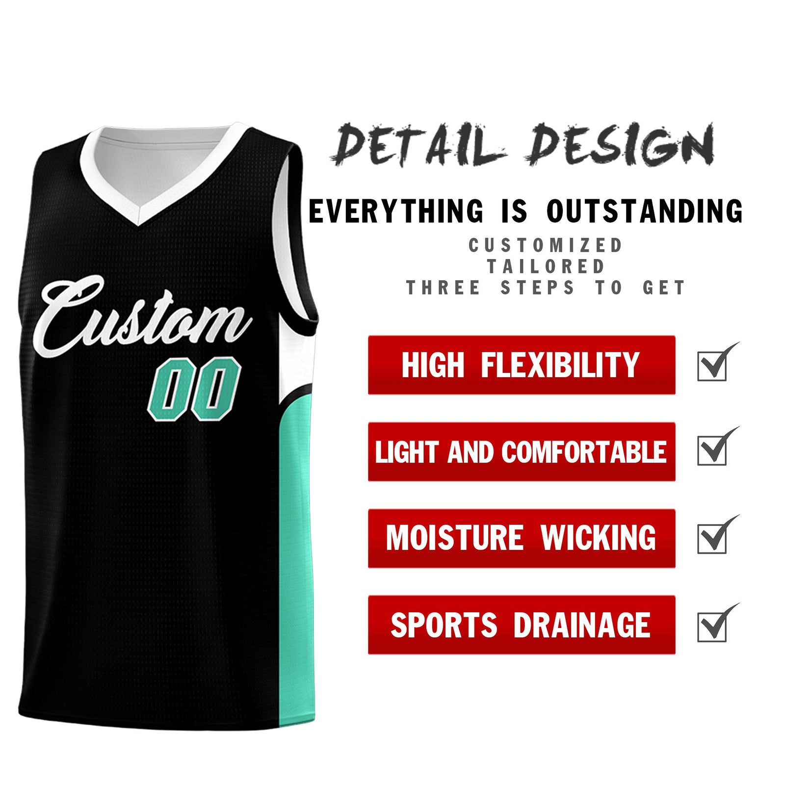 Custom Black White Side U-shaped Patttern Double Side Sports Uniform Basketball Jersey