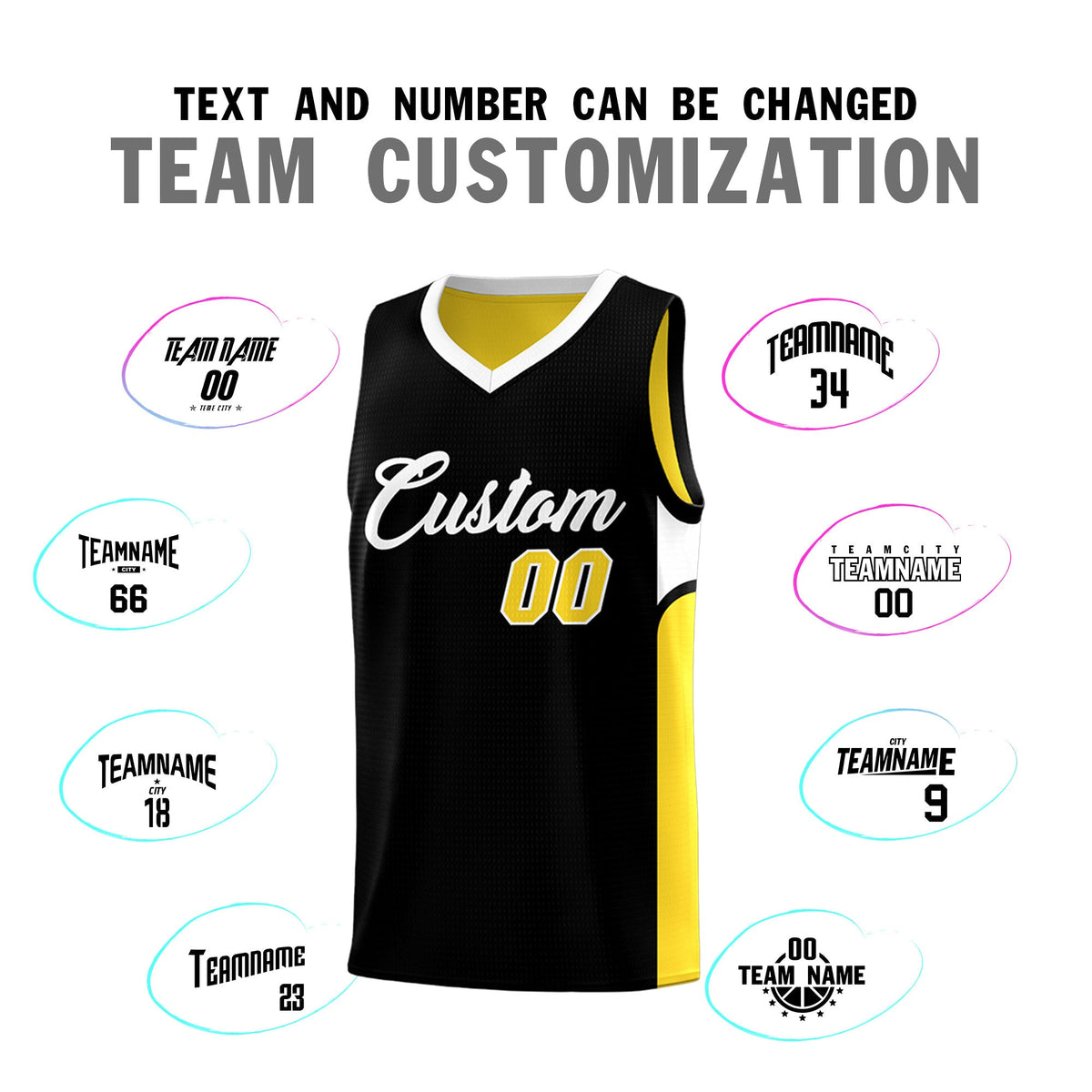 Custom Black Gold Side U-shaped Patttern Double Side Sports Uniform Basketball Jersey