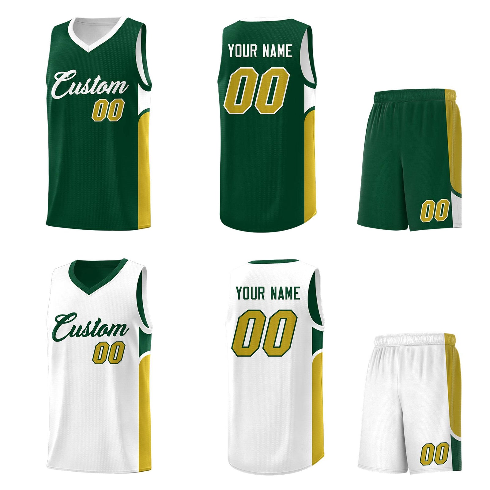 Custom Green White Side U-shaped Patttern Double Side Sports Uniform Basketball Jersey