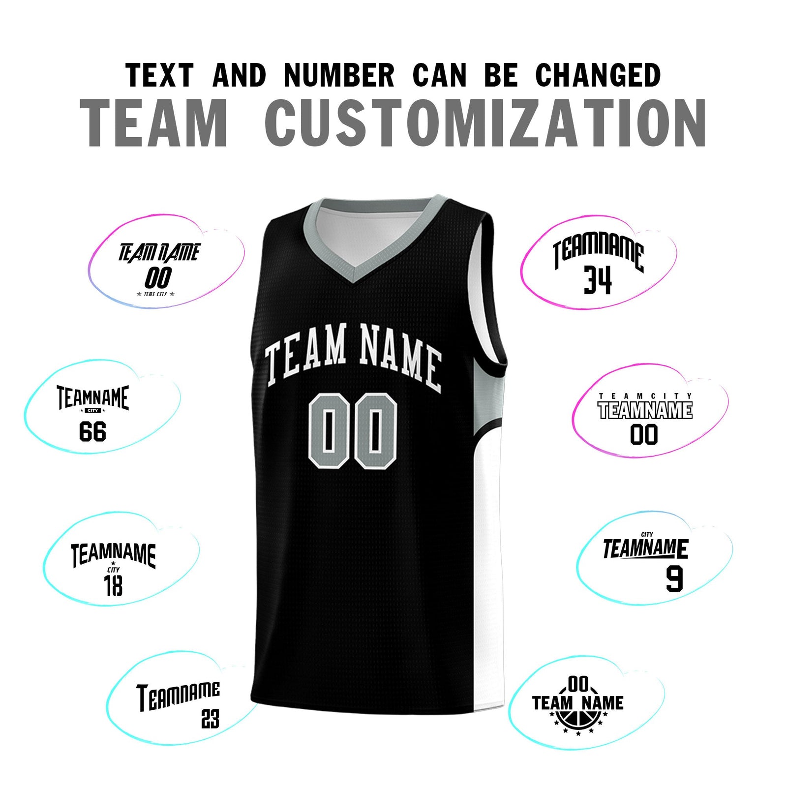 Custom Black White Side U-shaped Patttern Double Side Sports Uniform Basketball Jersey