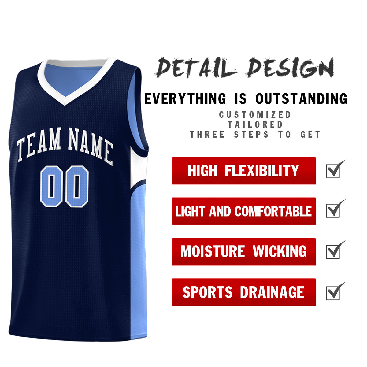 Custom Navy Light Blue Side U-shaped Patttern Double Side Sports Uniform Basketball Jersey