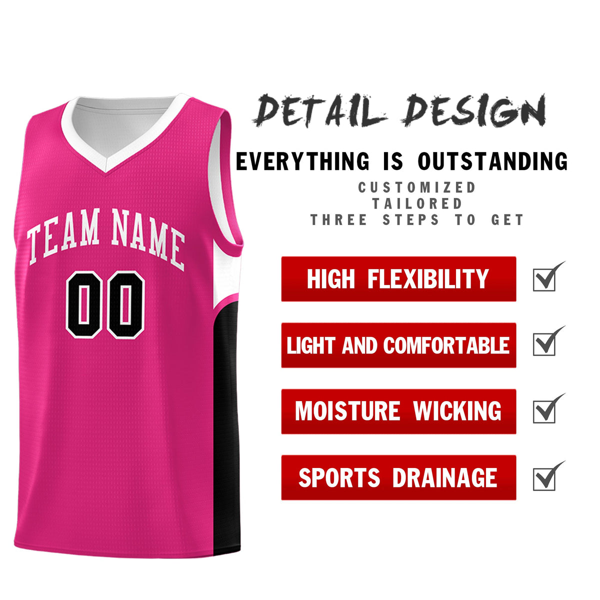 Custom Pink White Side U-shaped Patttern Double Side Sports Uniform Basketball Jersey