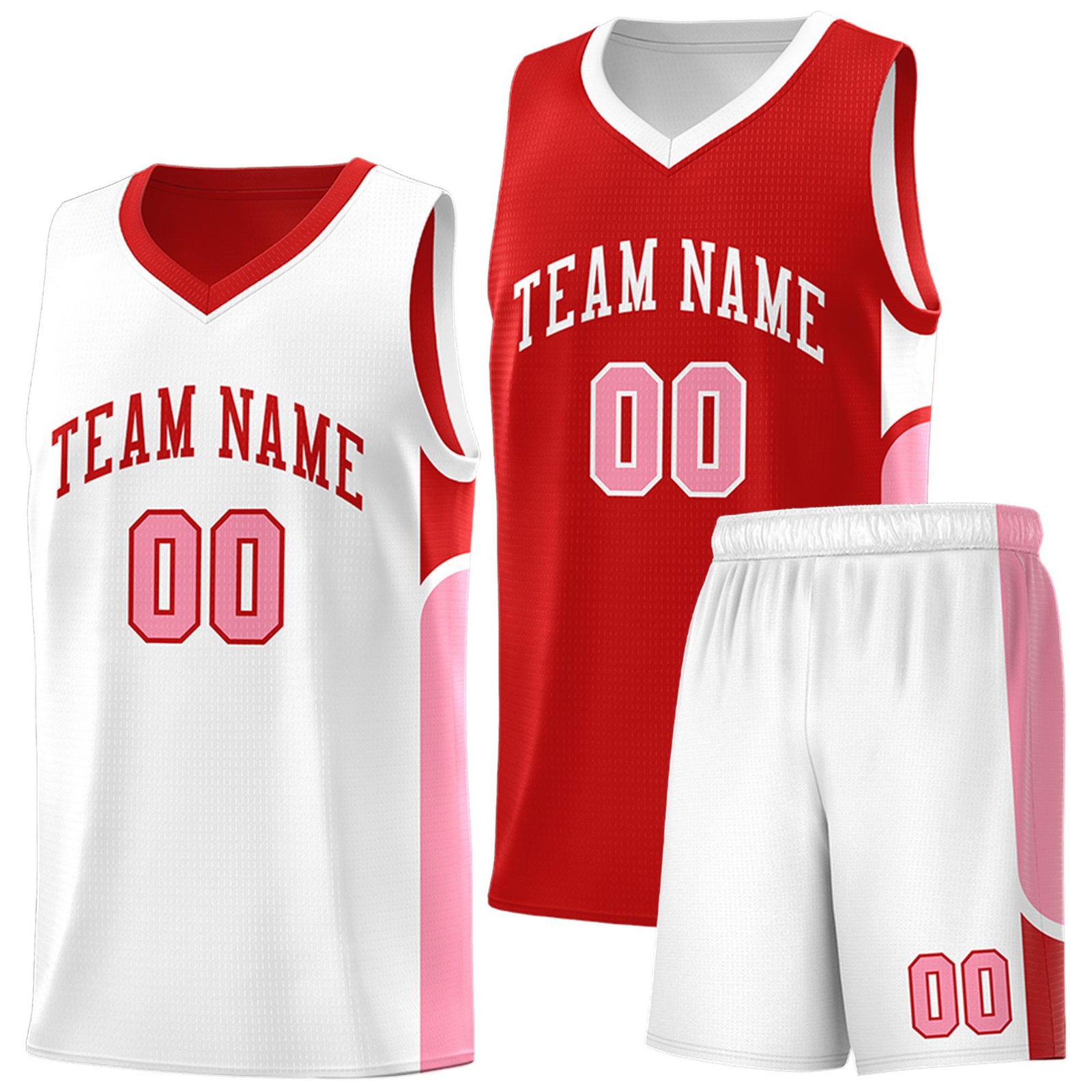 Custom Red White Side U-shaped Patttern Double Side Sports Uniform Basketball Jersey