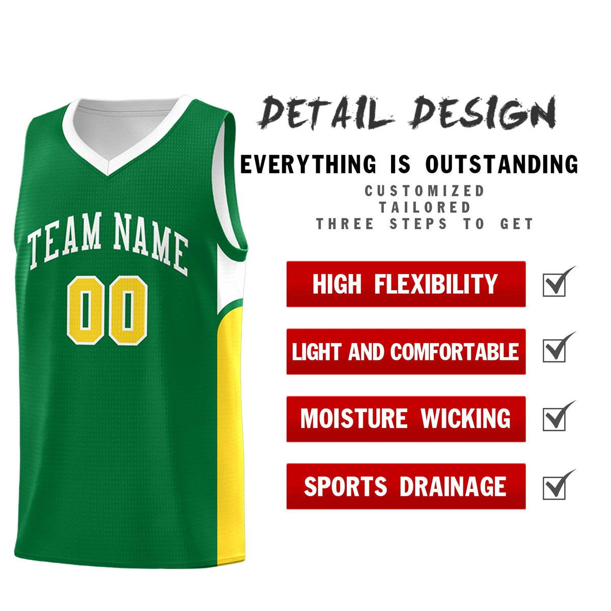 Custom Kelly Green White Side U-shaped Patttern Double Side Sports Uniform Basketball Jersey