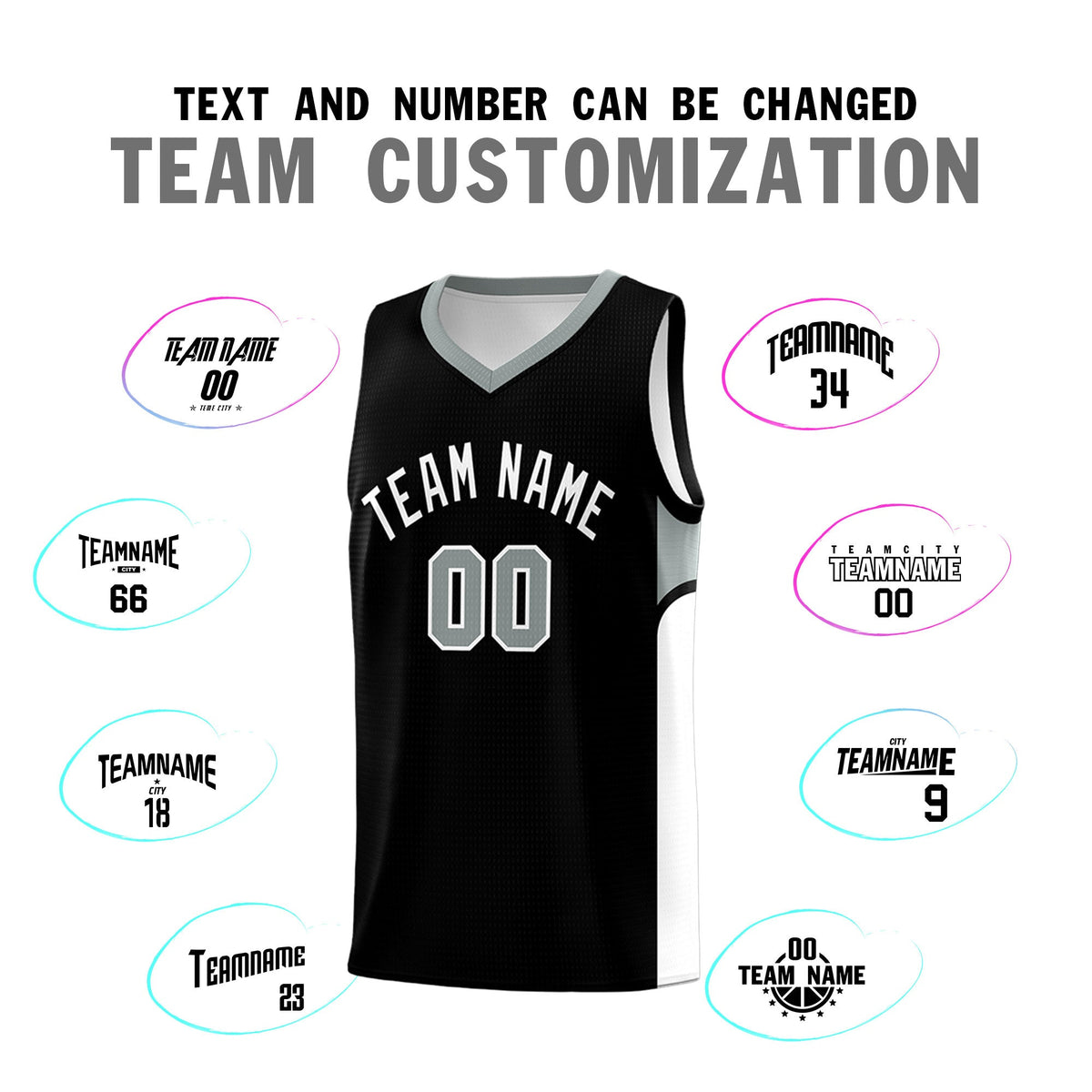 Custom Black White Side U-shaped Patttern Double Side Sports Uniform Basketball Jersey