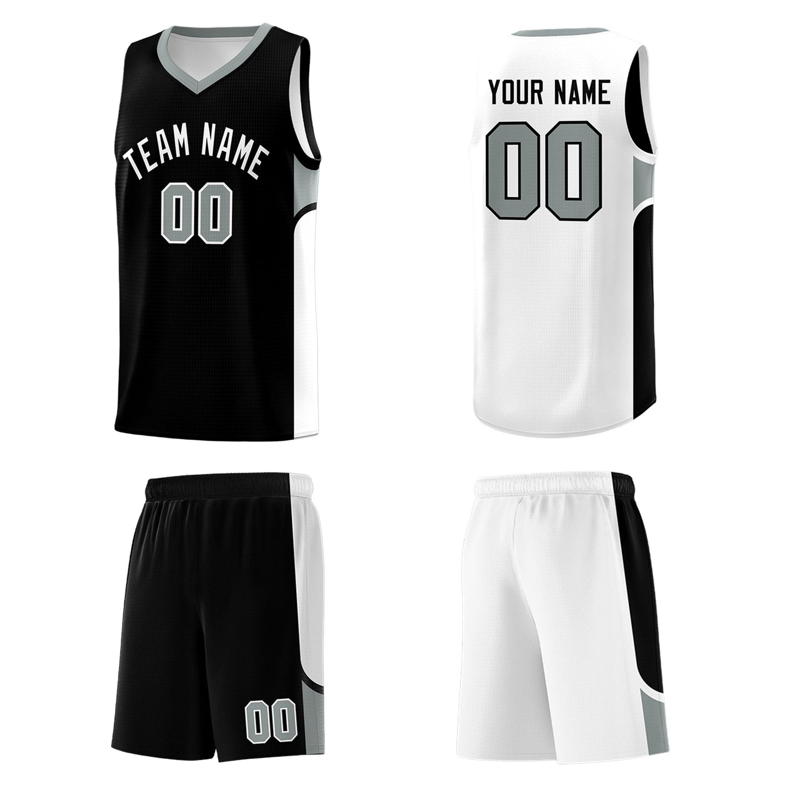 Custom Black White Side U-shaped Patttern Double Side Sports Uniform Basketball Jersey
