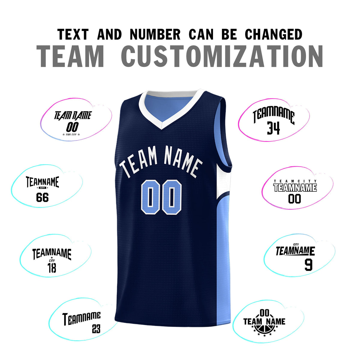 Custom Navy Light Blue Side U-shaped Patttern Double Side Sports Uniform Basketball Jersey
