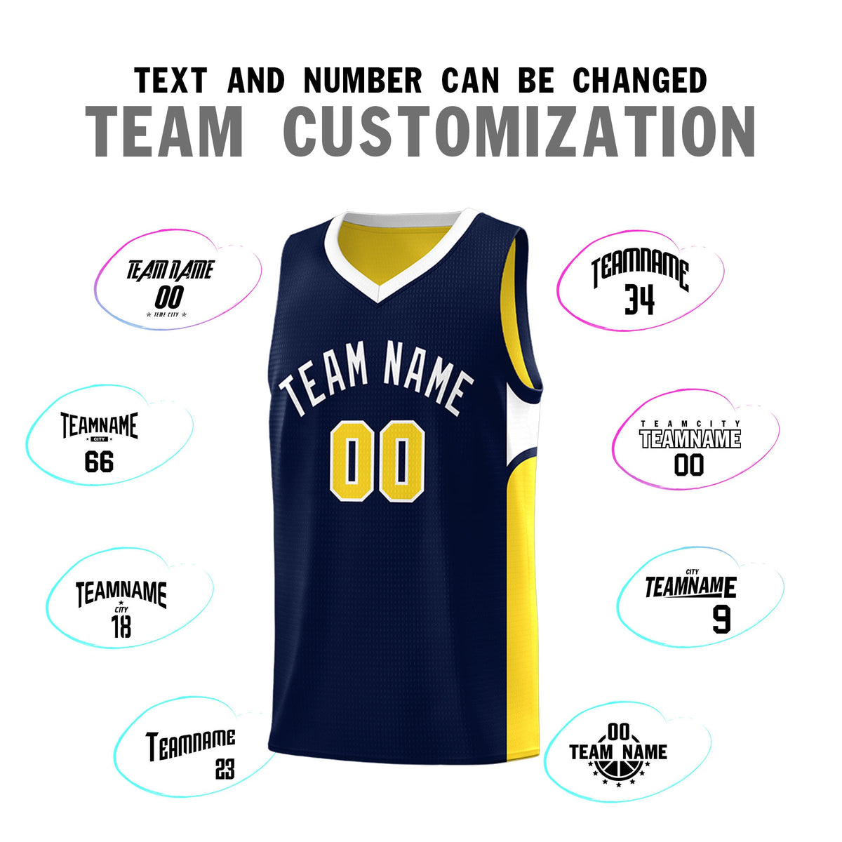 Custom Navy Gold Side U-shaped Patttern Double Side Sports Uniform Basketball Jersey