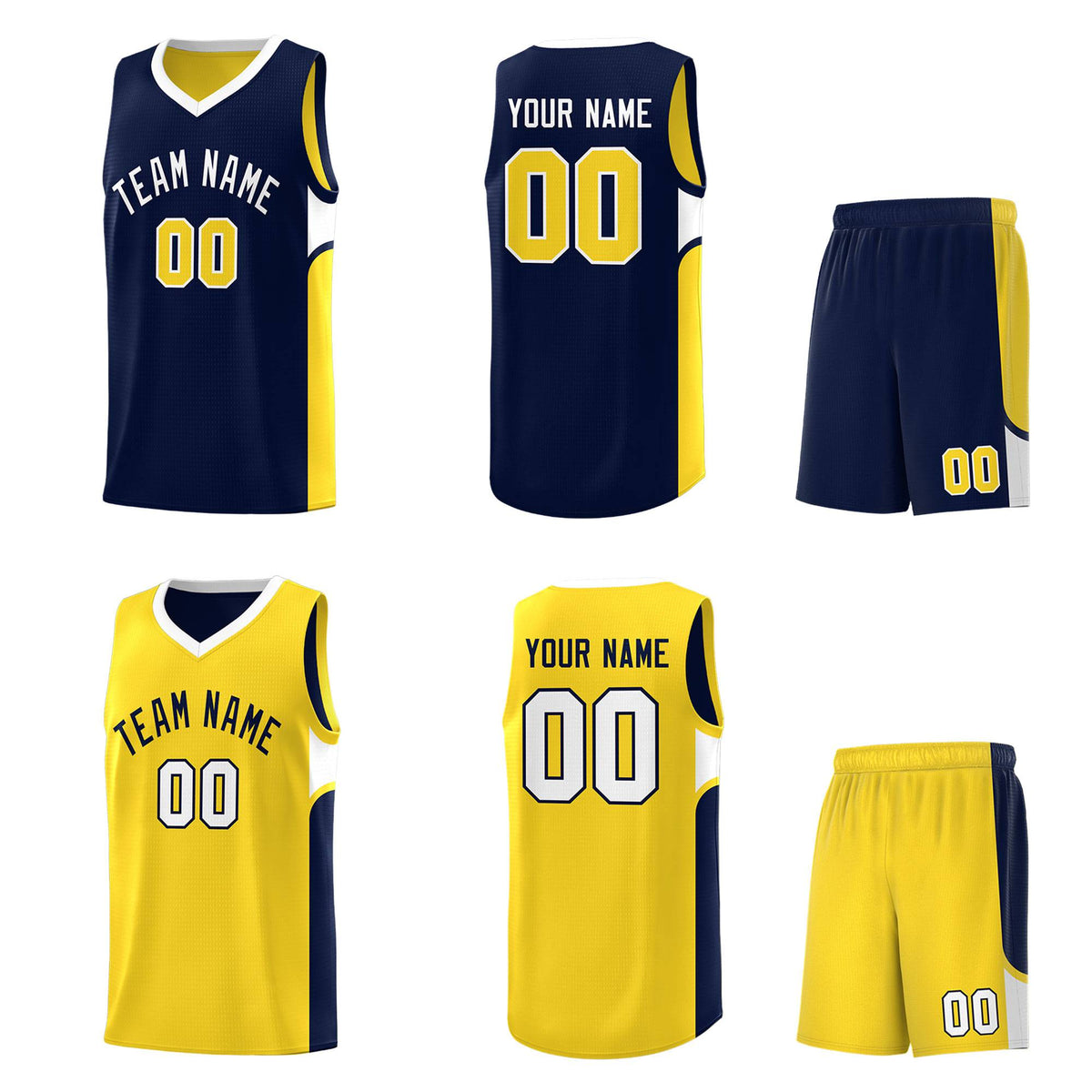 Custom Navy Gold Side U-shaped Patttern Double Side Sports Uniform Basketball Jersey