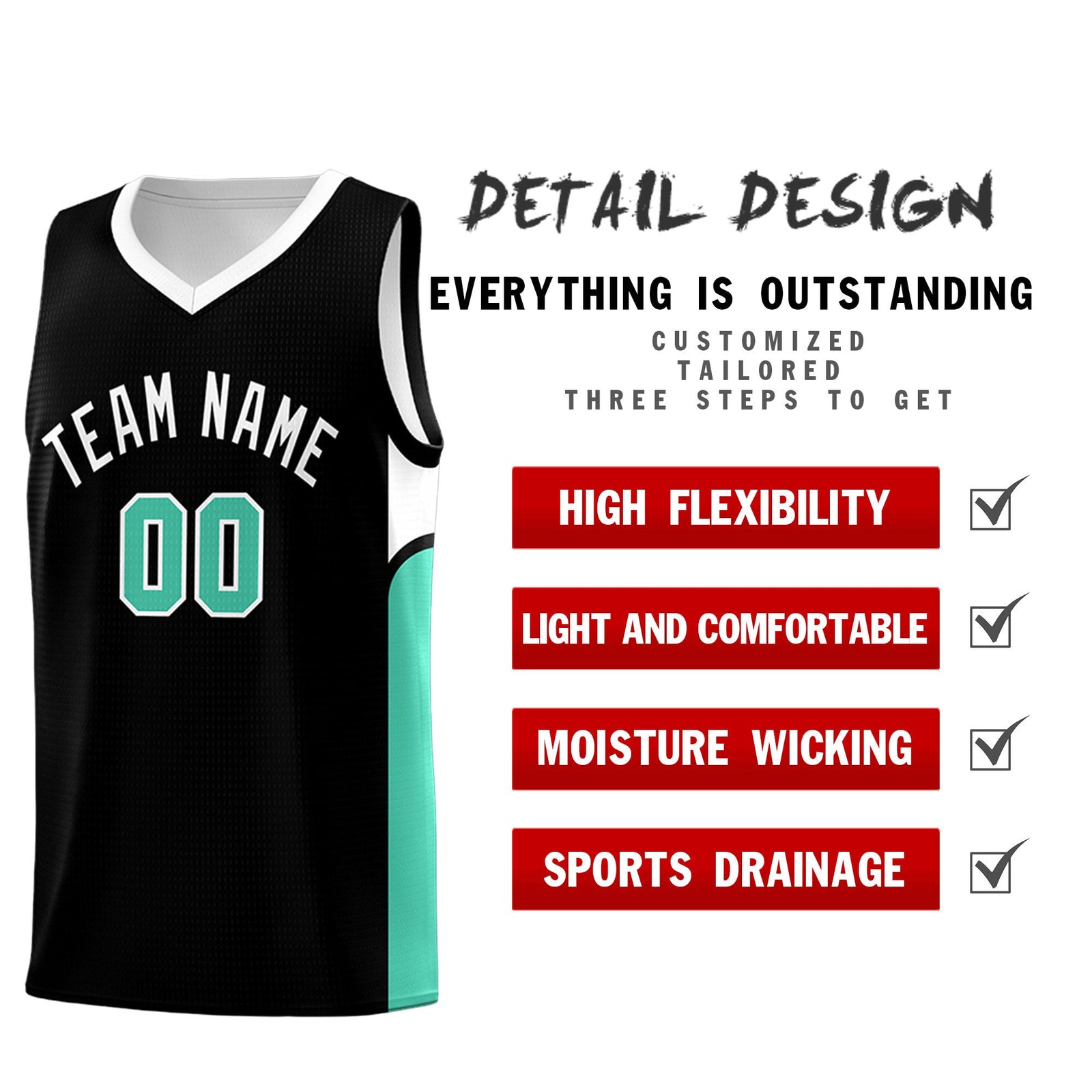 Custom Black White Side U-shaped Patttern Double Side Sports Uniform Basketball Jersey