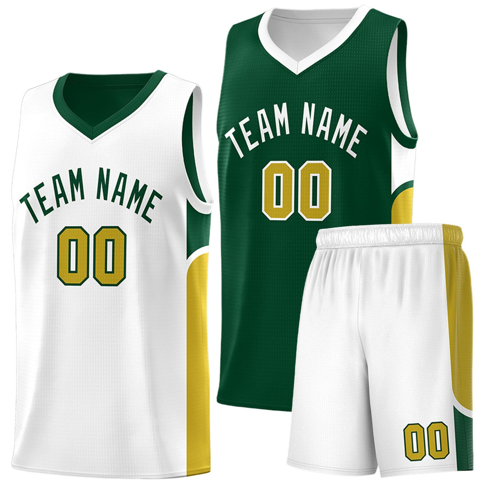 Custom Green White Side U-shaped Patttern Double Side Sports Uniform Basketball Jersey