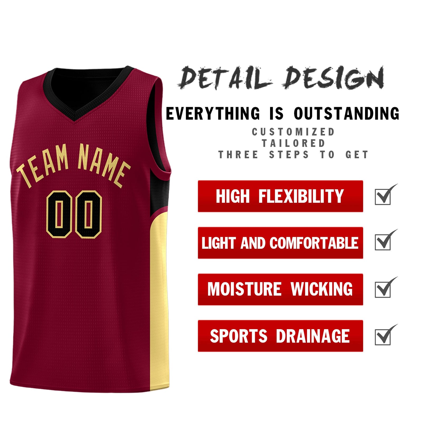 Custom Crimson Black Side U-shaped Patttern Double Side Sports Uniform Basketball Jersey