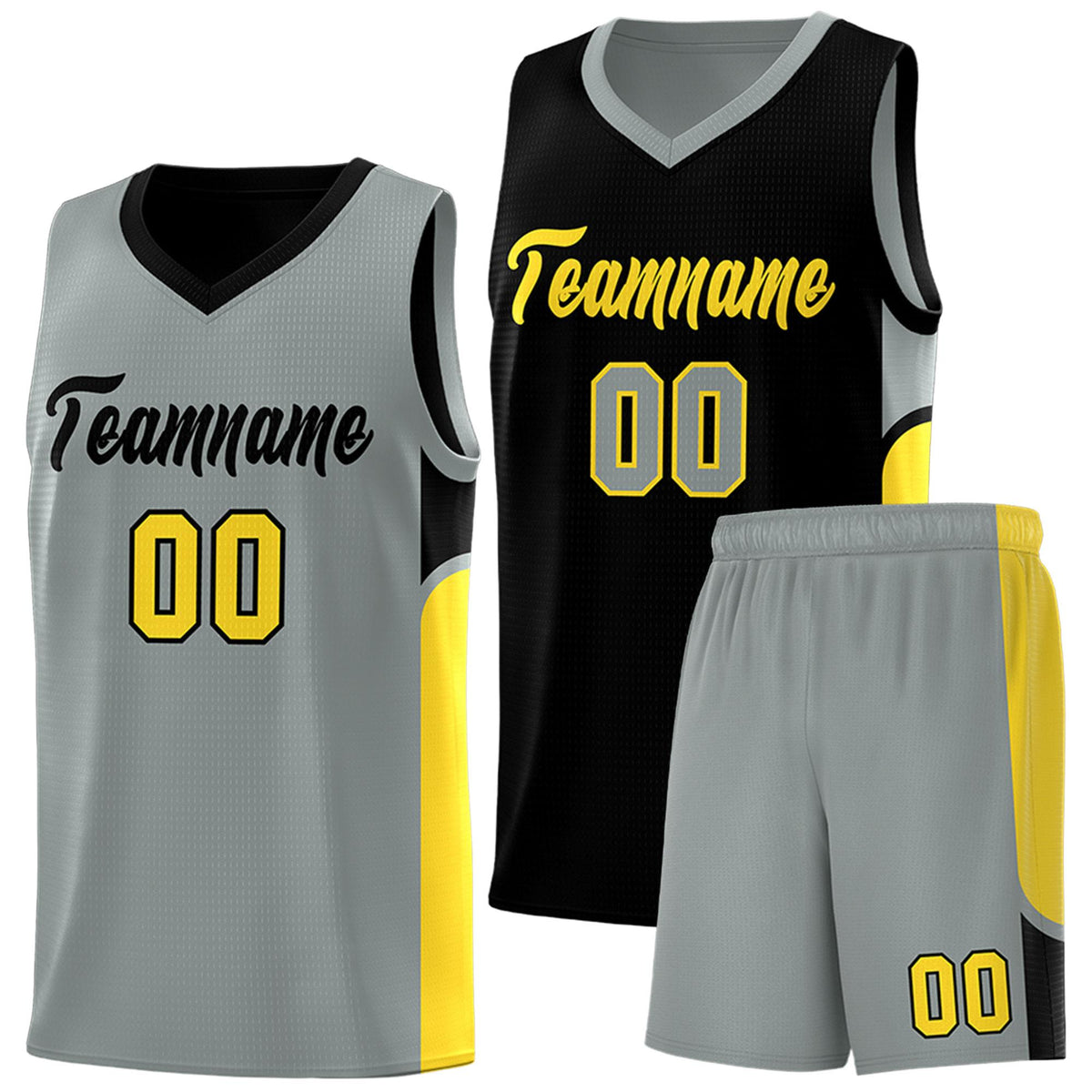 Custom Black Gray Side U-shaped Patttern Double Side Sports Uniform Basketball Jersey