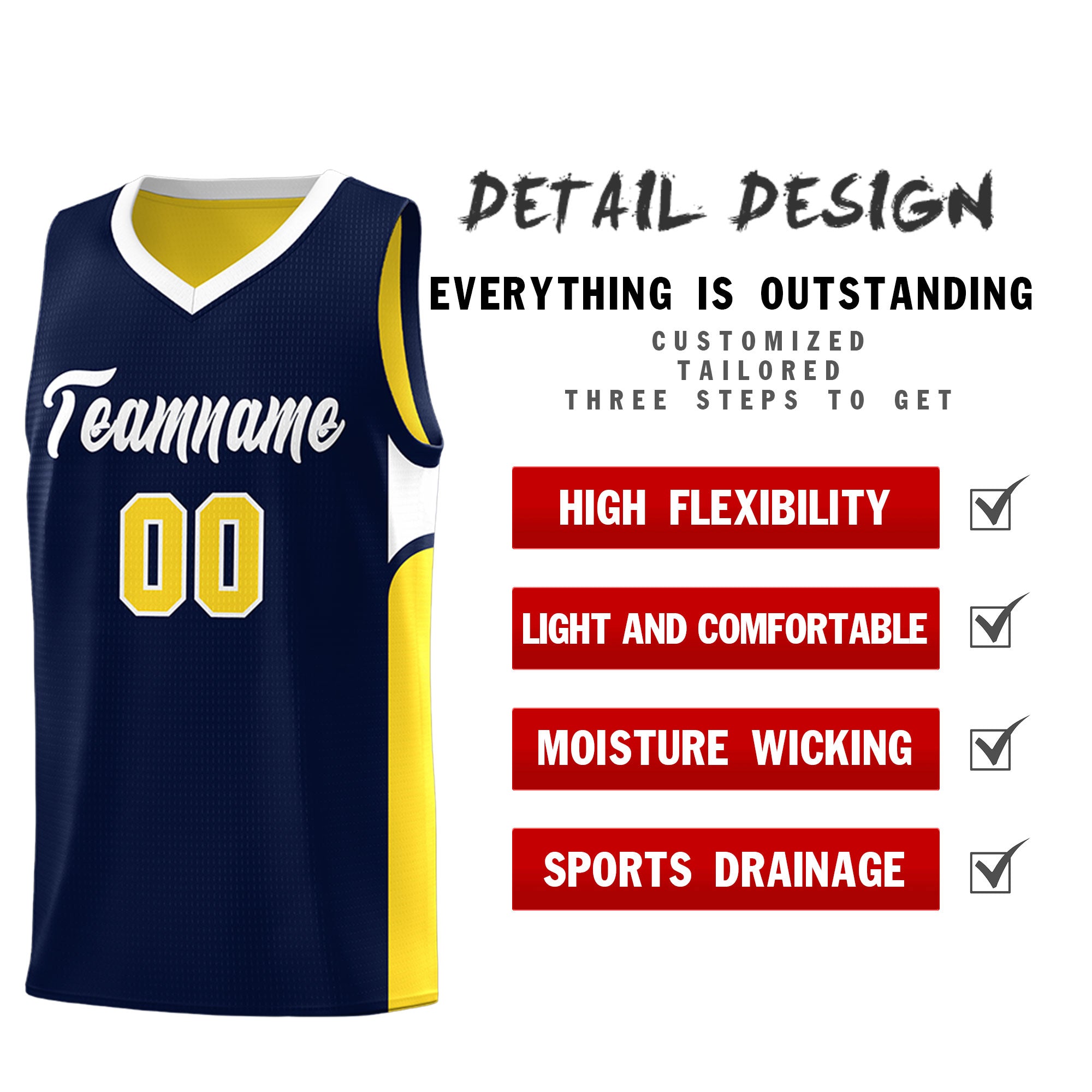 Custom Navy Gold Side U-shaped Patttern Double Side Sports Uniform Basketball Jersey