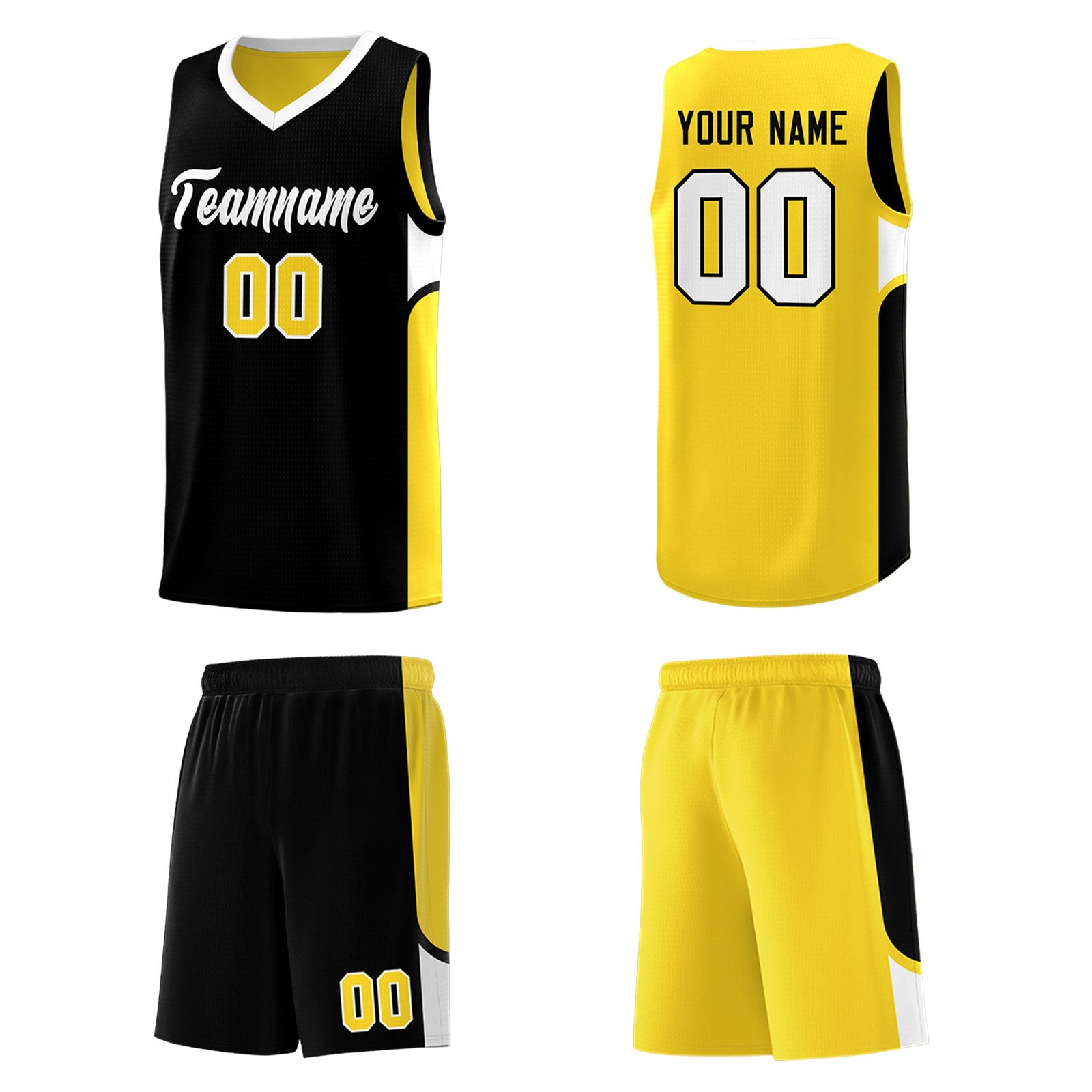 Custom Black Gold Side U-shaped Patttern Double Side Sports Uniform Basketball Jersey