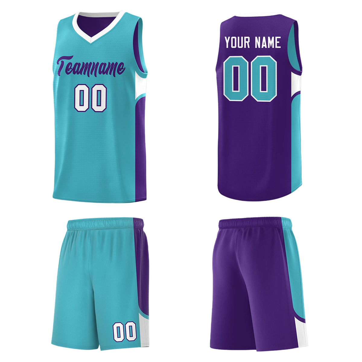 Custom Sky Blue Purple Side U-shaped Patttern Double Side Sports Uniform Basketball Jersey