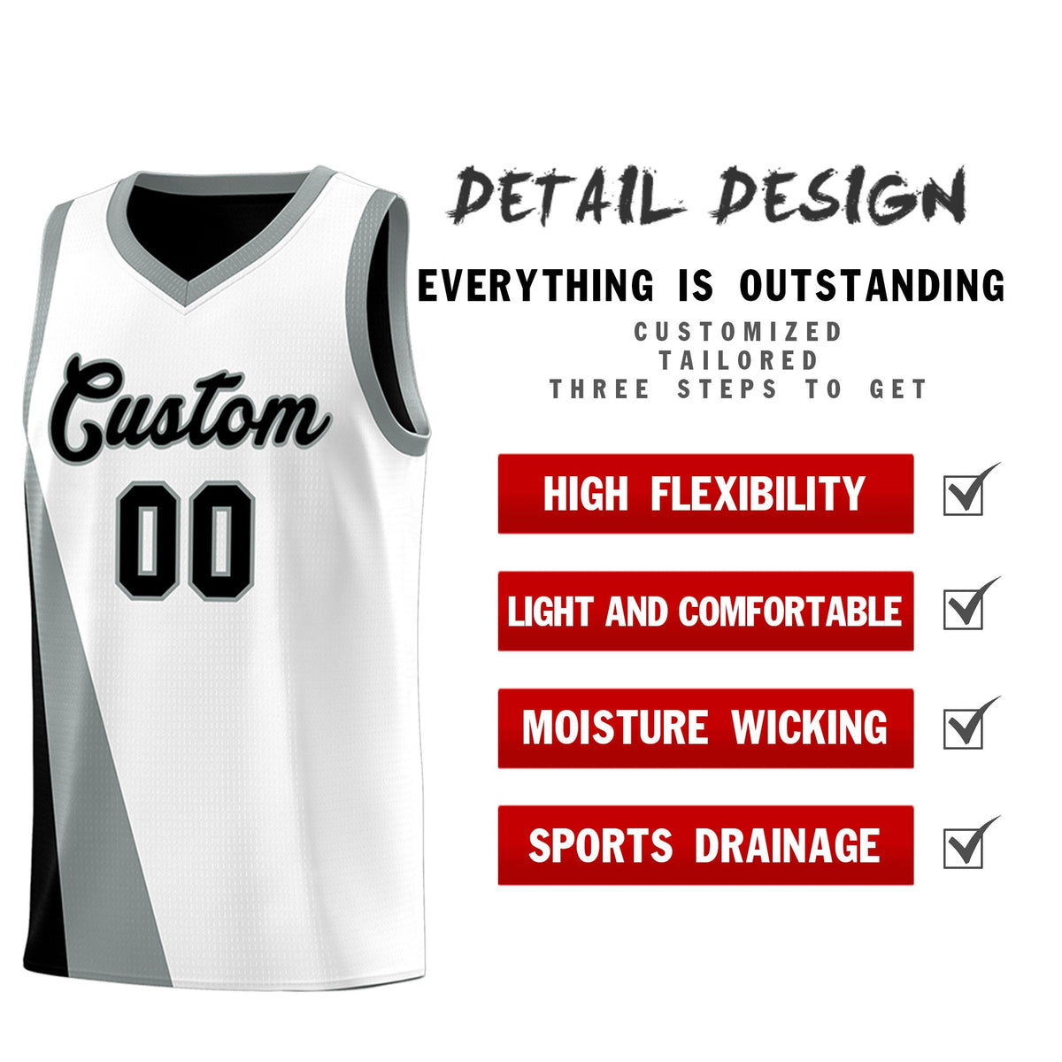 Custom White Black Slanting Two Lines Color Block Sports Uniform Basketball Jersey