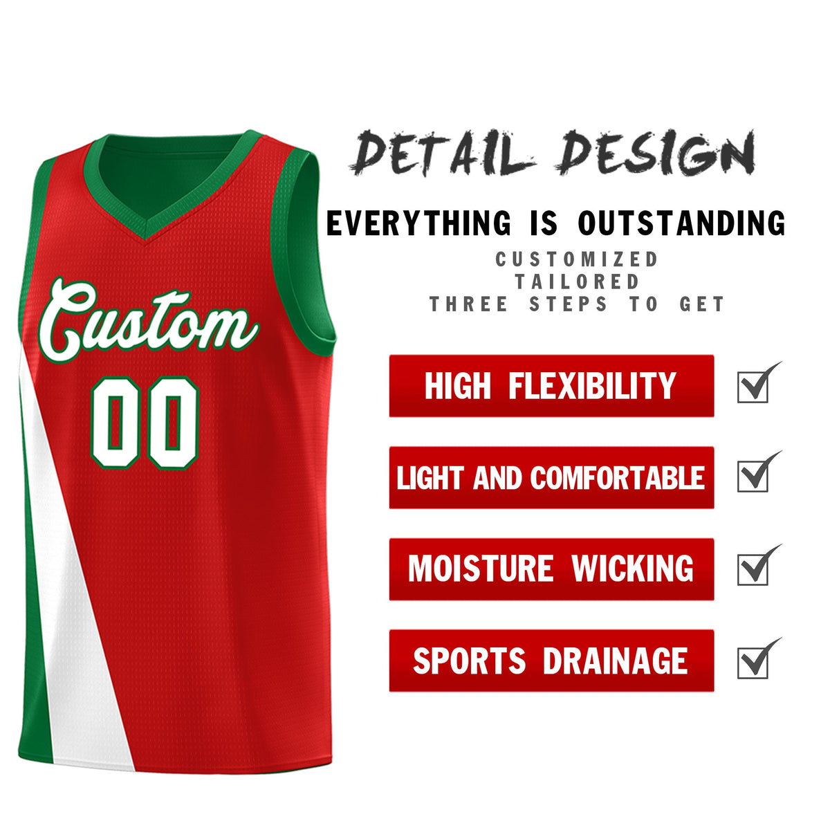 Custom Red Kelly Green Slanting Two Lines Color Block Sports Uniform Basketball Jersey