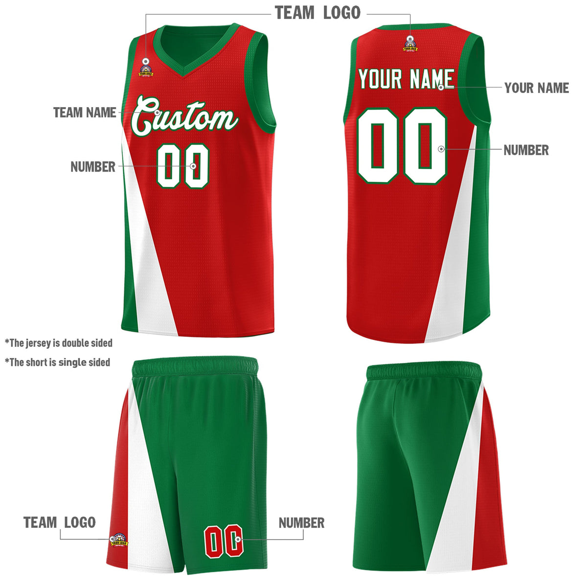 Custom Red Kelly Green Slanting Two Lines Color Block Sports Uniform Basketball Jersey