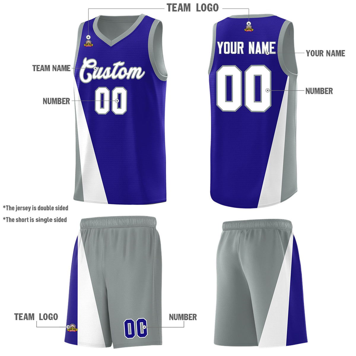 Custom Royal Gray Slanting Two Lines Color Block Sports Uniform Basketball Jersey