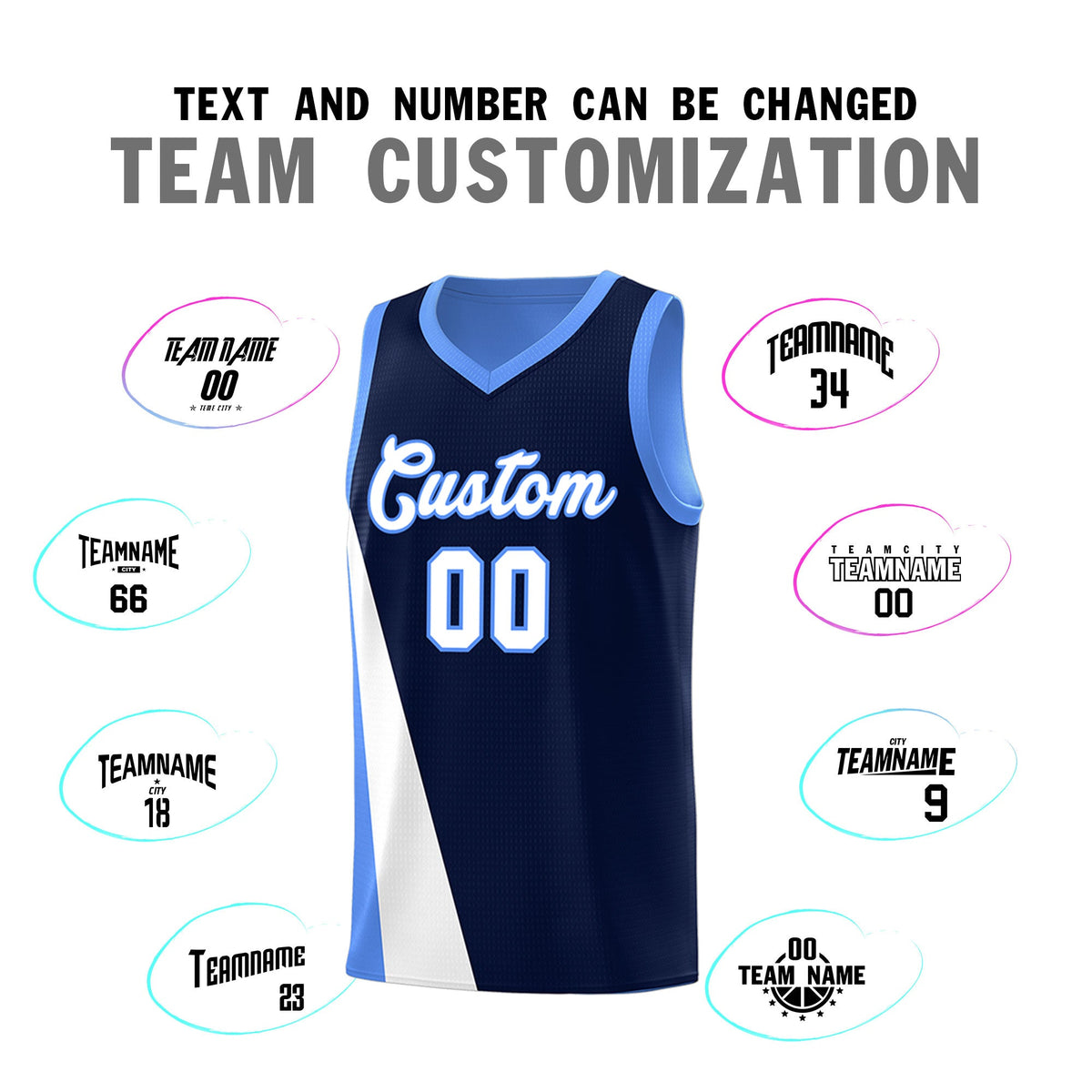 Custom Navy Powder Blue Slanting Two Lines Color Block Sports Uniform Basketball Jersey
