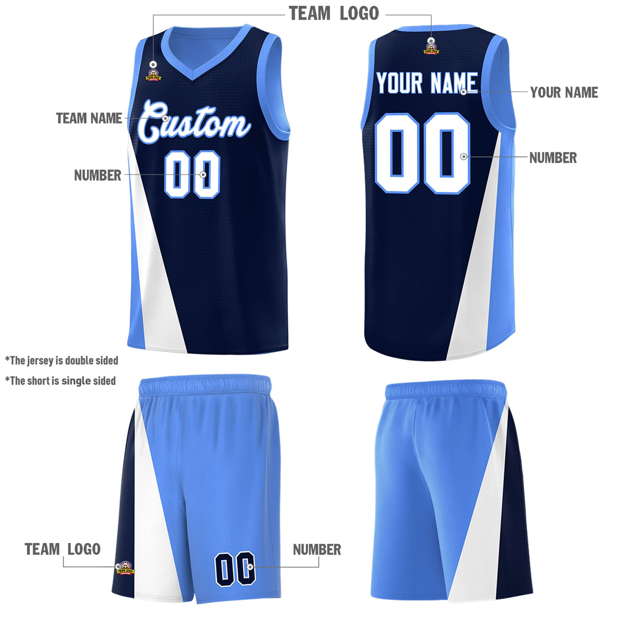 Custom Navy Powder Blue Slanting Two Lines Color Block Sports Uniform Basketball Jersey