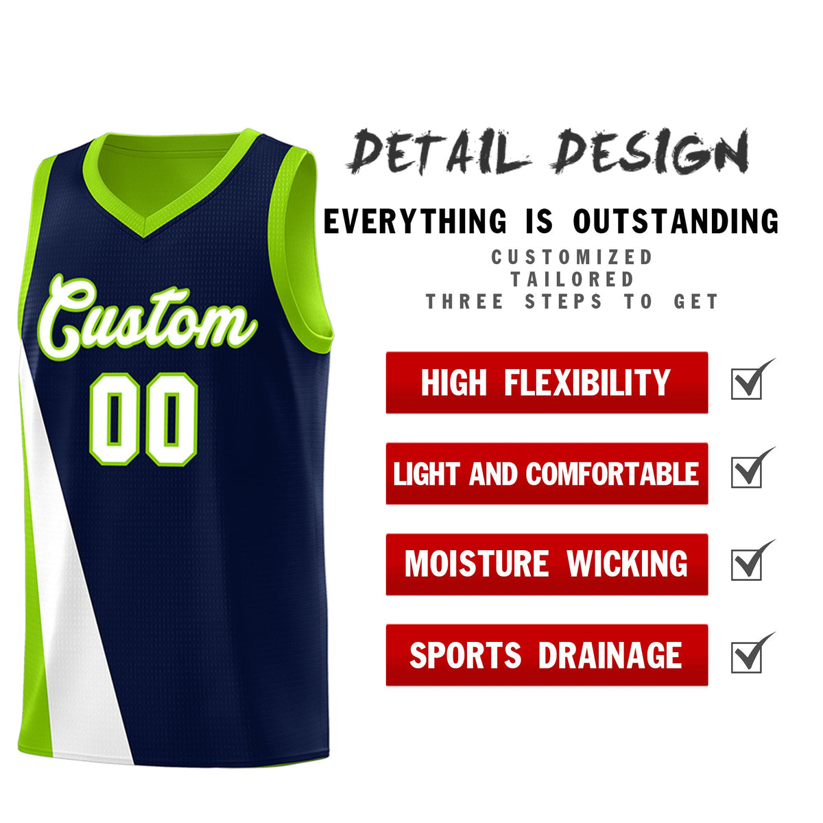 Custom Navy Neon Green Slanting Two Lines Color Block Sports Uniform Basketball Jersey