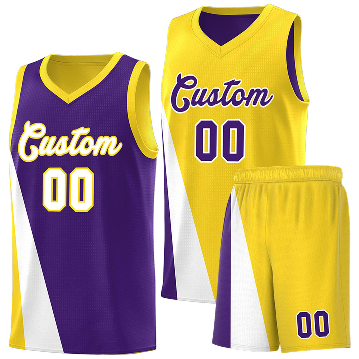 Custom Purple Gold Slanting Two Lines Color Block Sports Uniform Basketball Jersey
